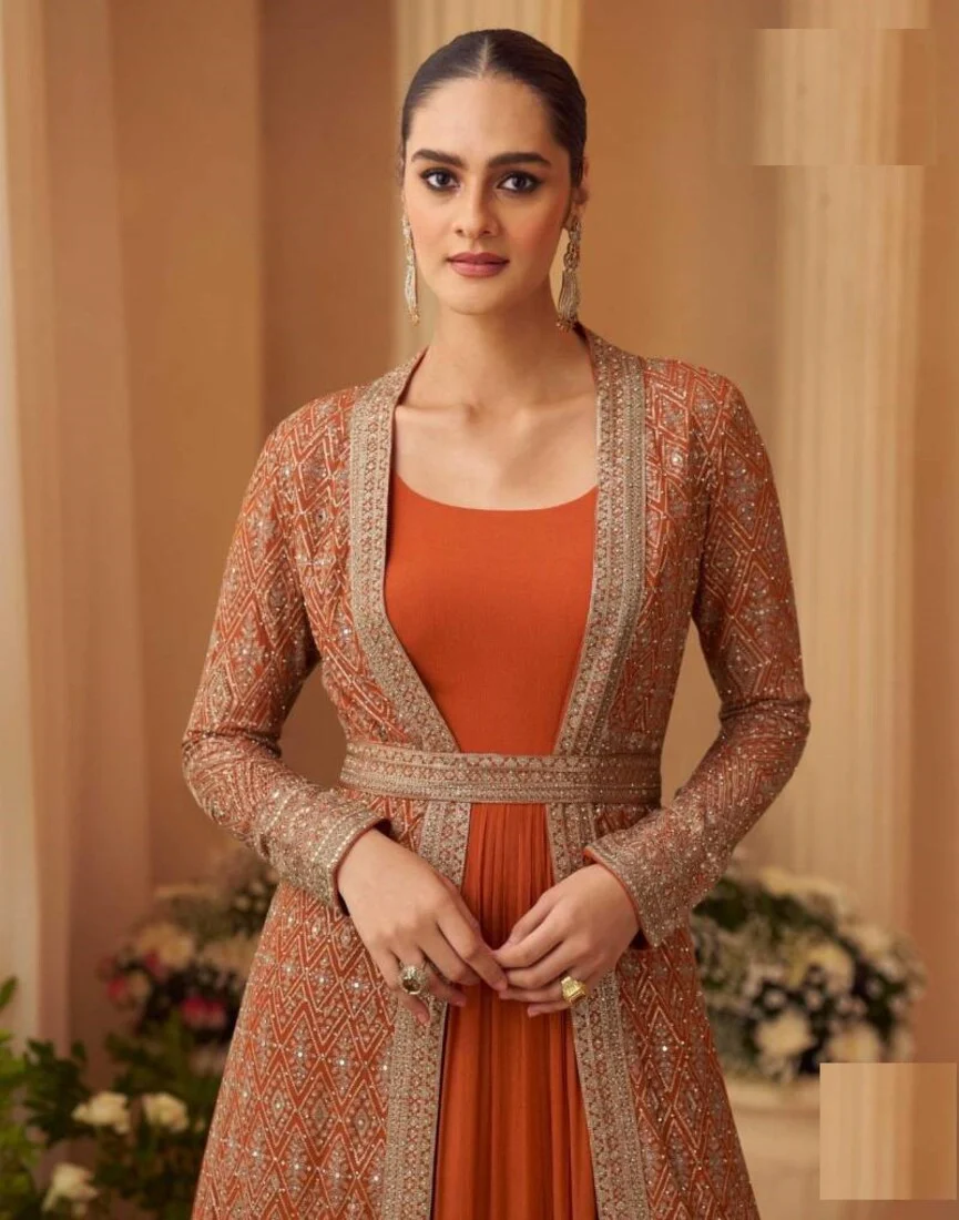 Aarshi Fashions Heavy Silks Orange Long Top With Silk Shrug - Image 3