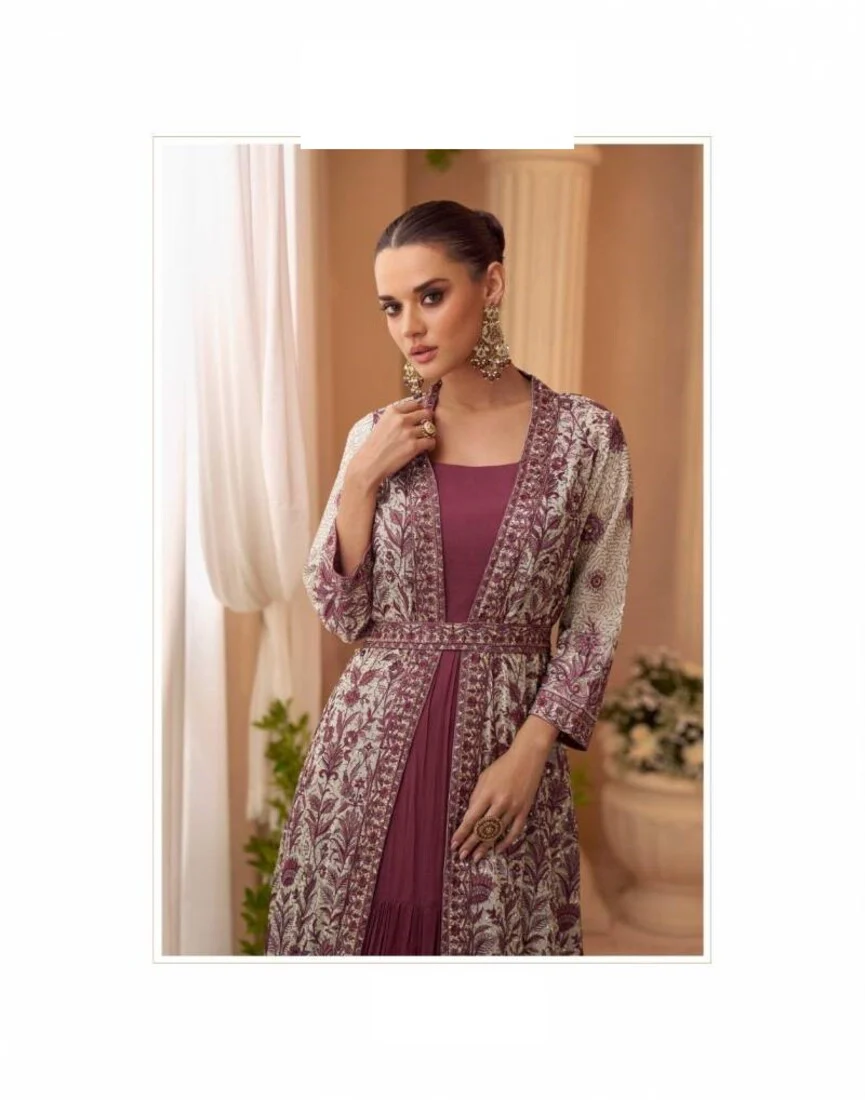 Aarshi Fashions Heavy Silks Purple Long Top With Silk Shrug - Image 3