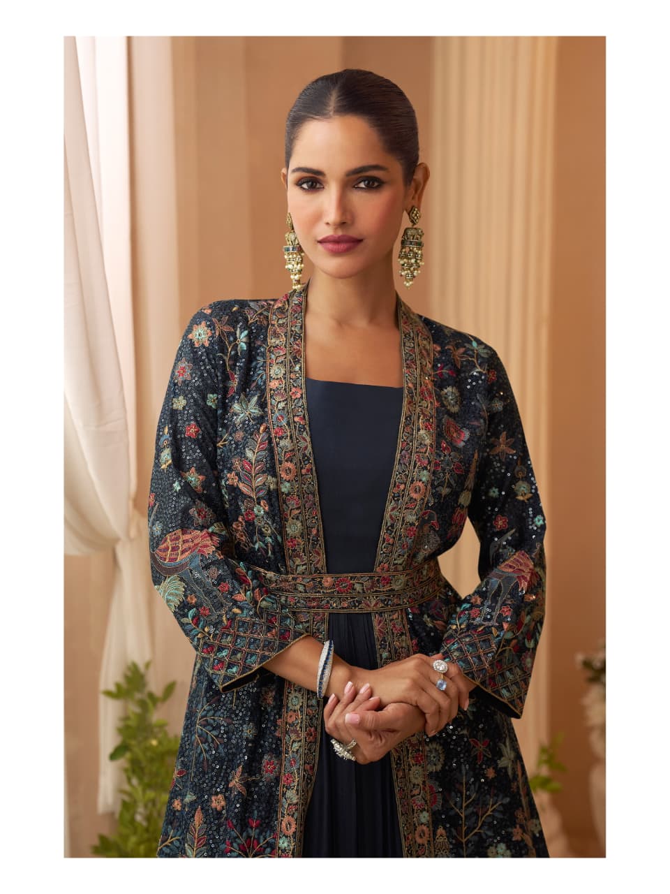 Aarshi Fashions Heavy Silks Teal Long Top With Silk Shrug - Image 3