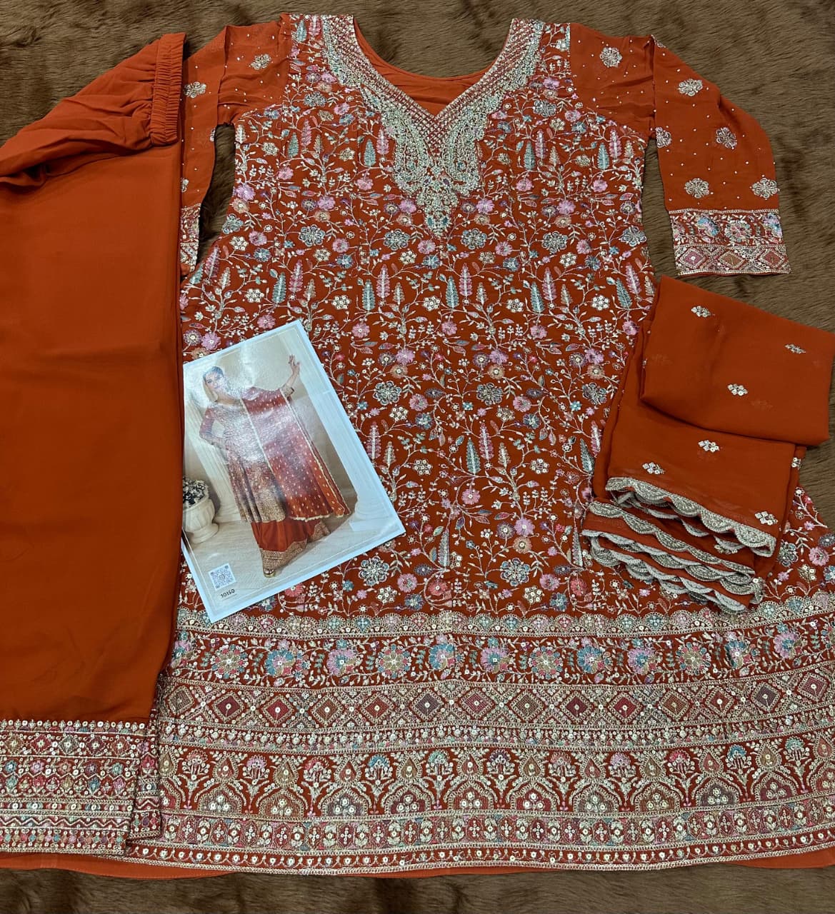 Aarshi Fashions Orange Pure Georgette Full Stitched Suit - Image 3