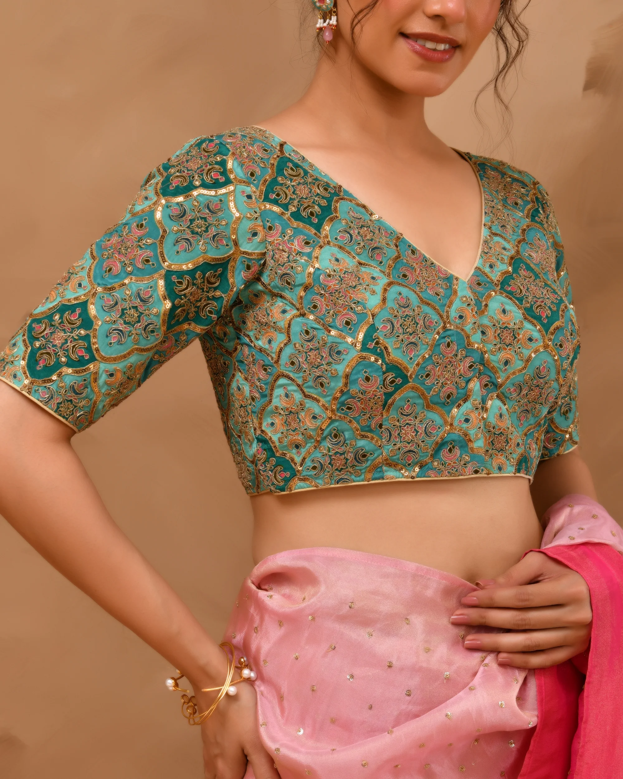 Amodini Designer Studio Women's Aqua Geometric Pattern Embroidered Blouse - Image 4