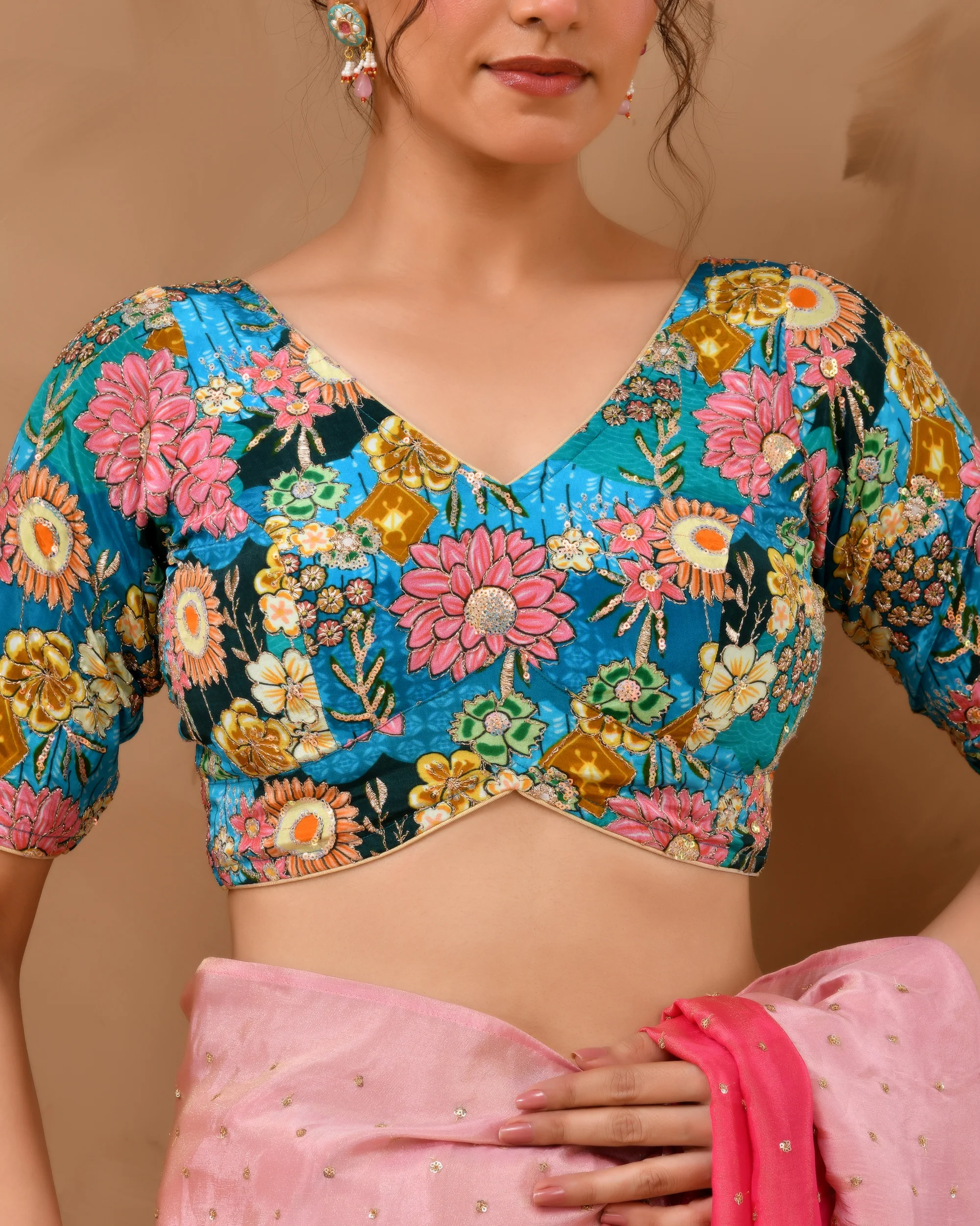 Amodini Designer Studio Women's Blue Sequined Zari Multicolored Postion Print Blouse with Sleeves - Image 3