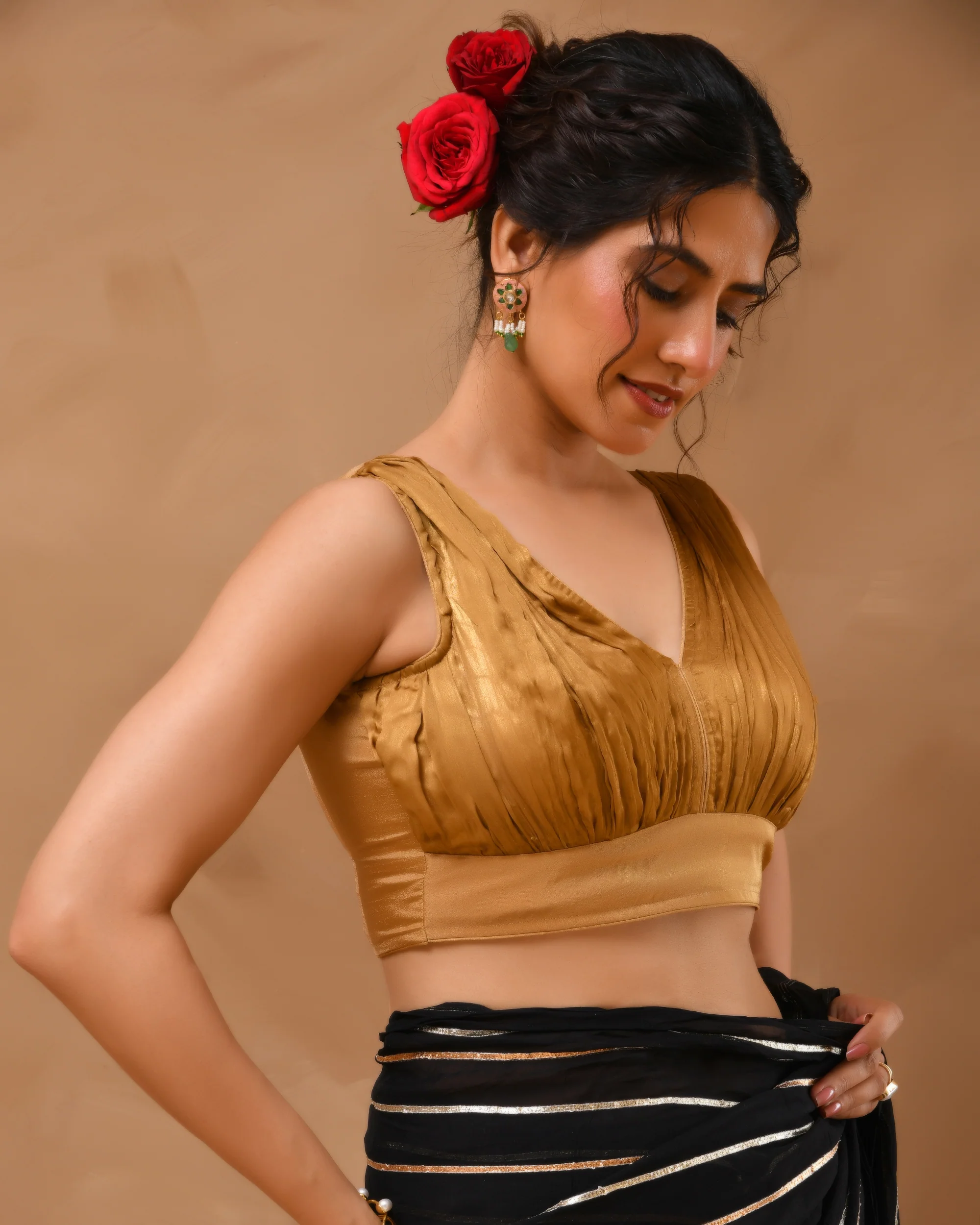 Amodini Designer Studio Women's Dark Gold V neck Wrinkled sleeveless blouse - Image 4