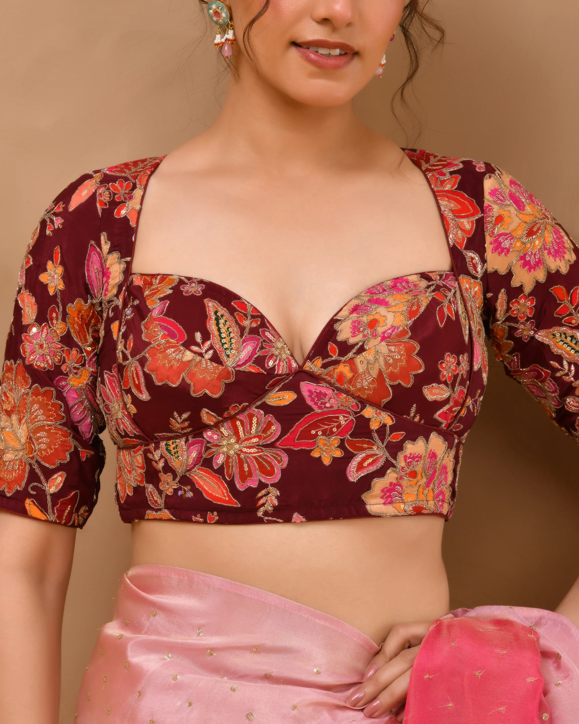 Amodini Designer Studio Women's Deep Sweetheart Neck Embroidery Burgundy Blouse With Sleeves - Image 3