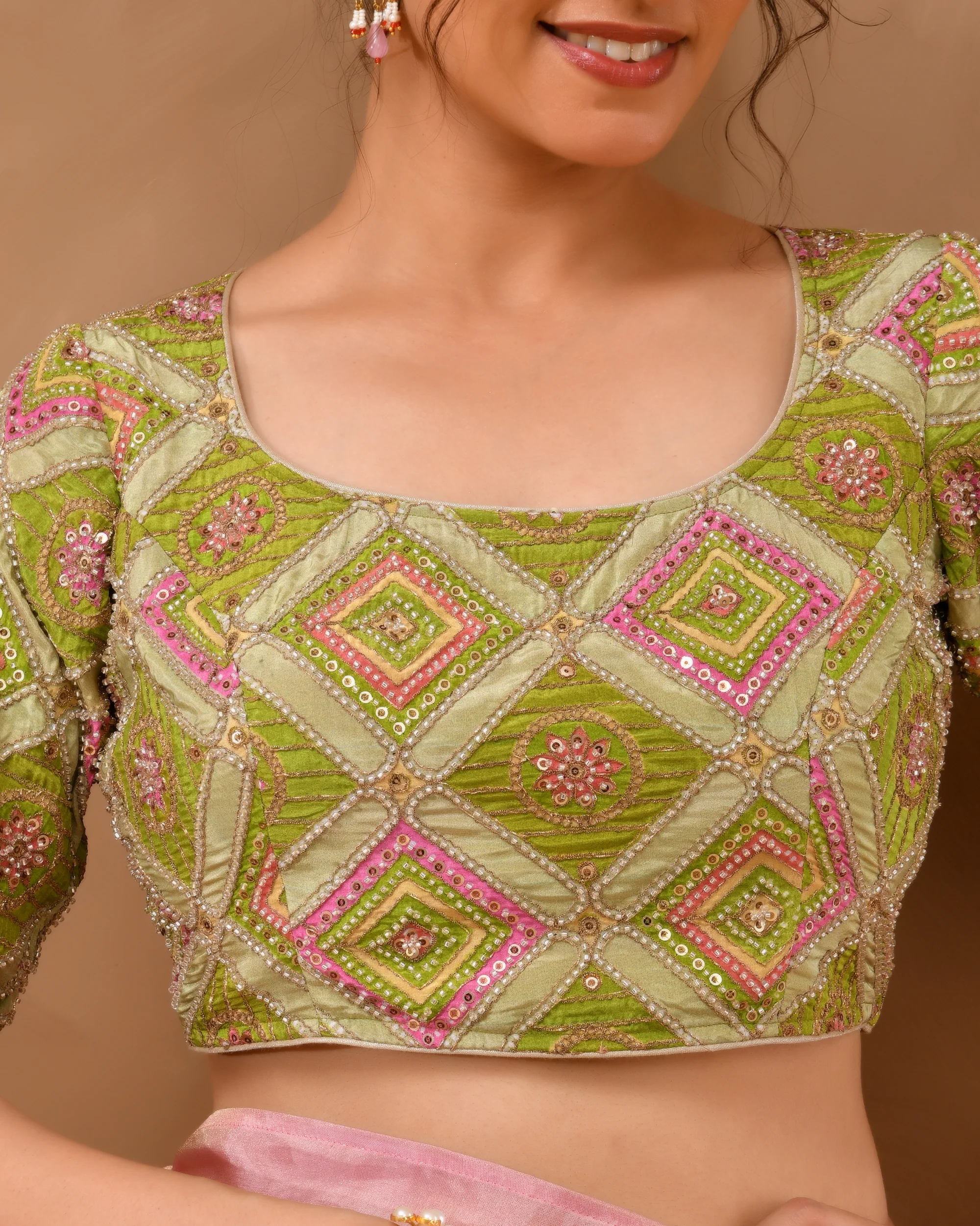 Amodini Designer Studio Women's Green Geometric Pattern Cut Dana Embroidered Blouse - Image 3