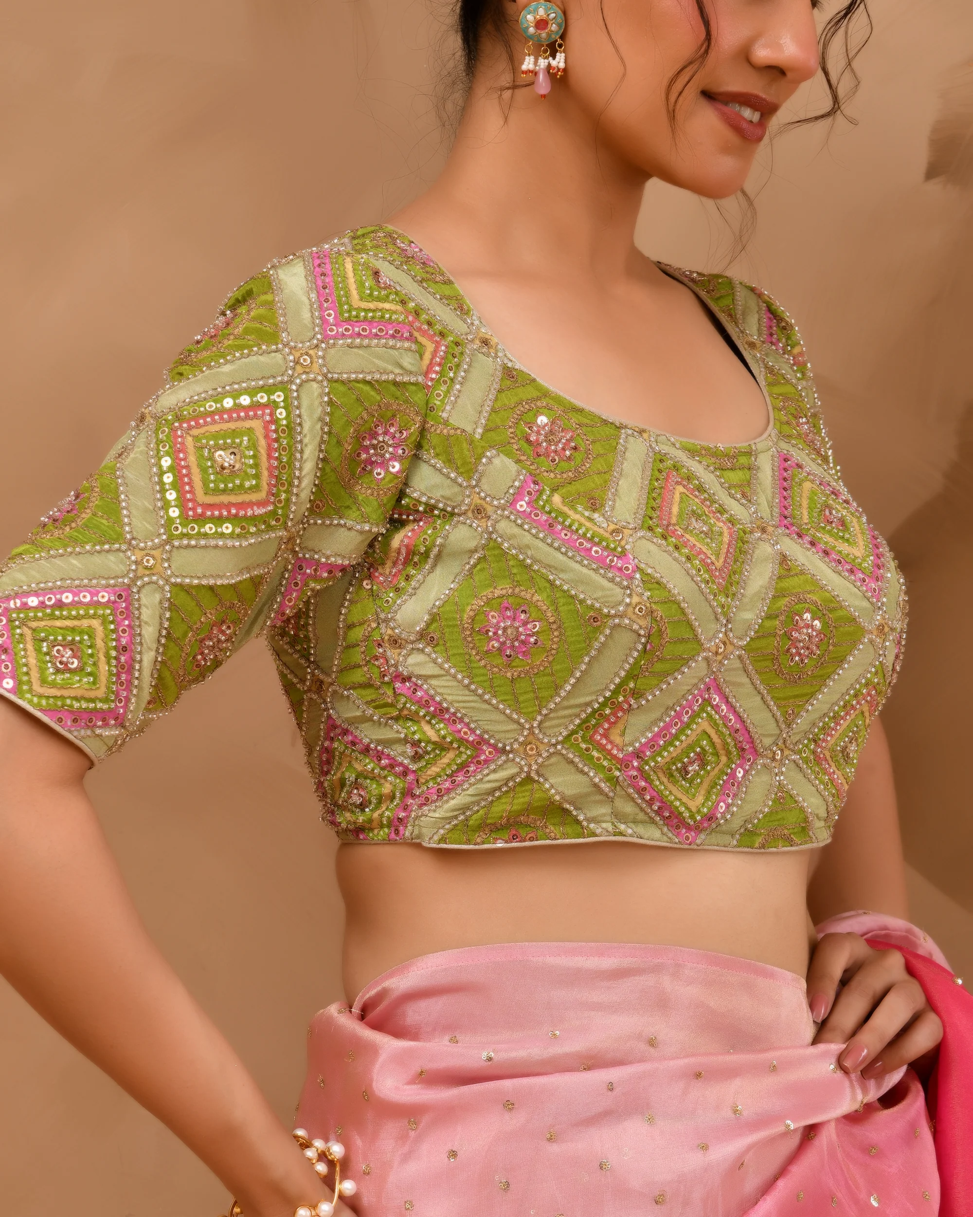 Amodini Designer Studio Women's Green Geometric Pattern Cut Dana Embroidered Blouse - Image 4