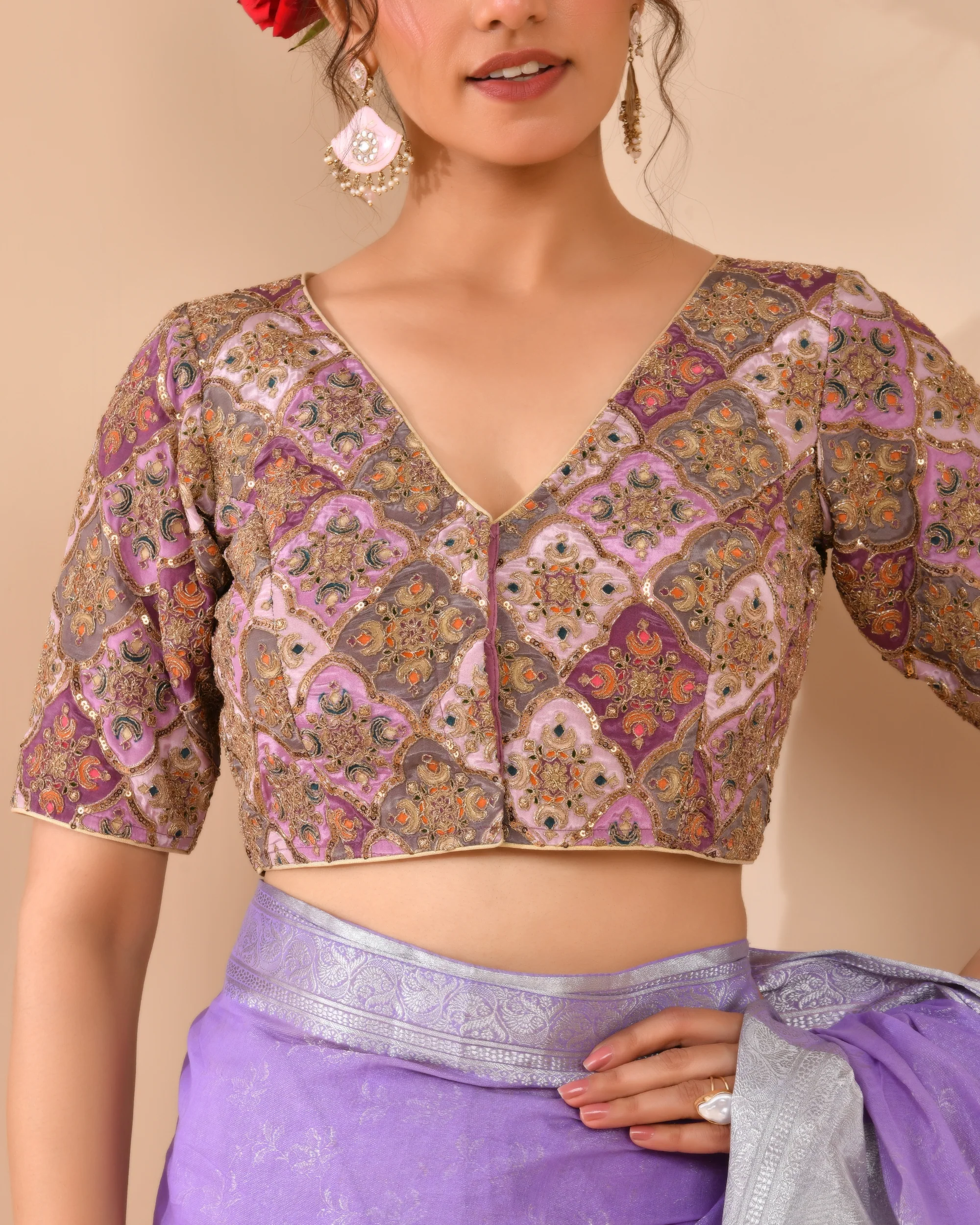 Amodini Designer Studio Women's Lavender Geometric Pattern Embroidered Blouse - Image 3