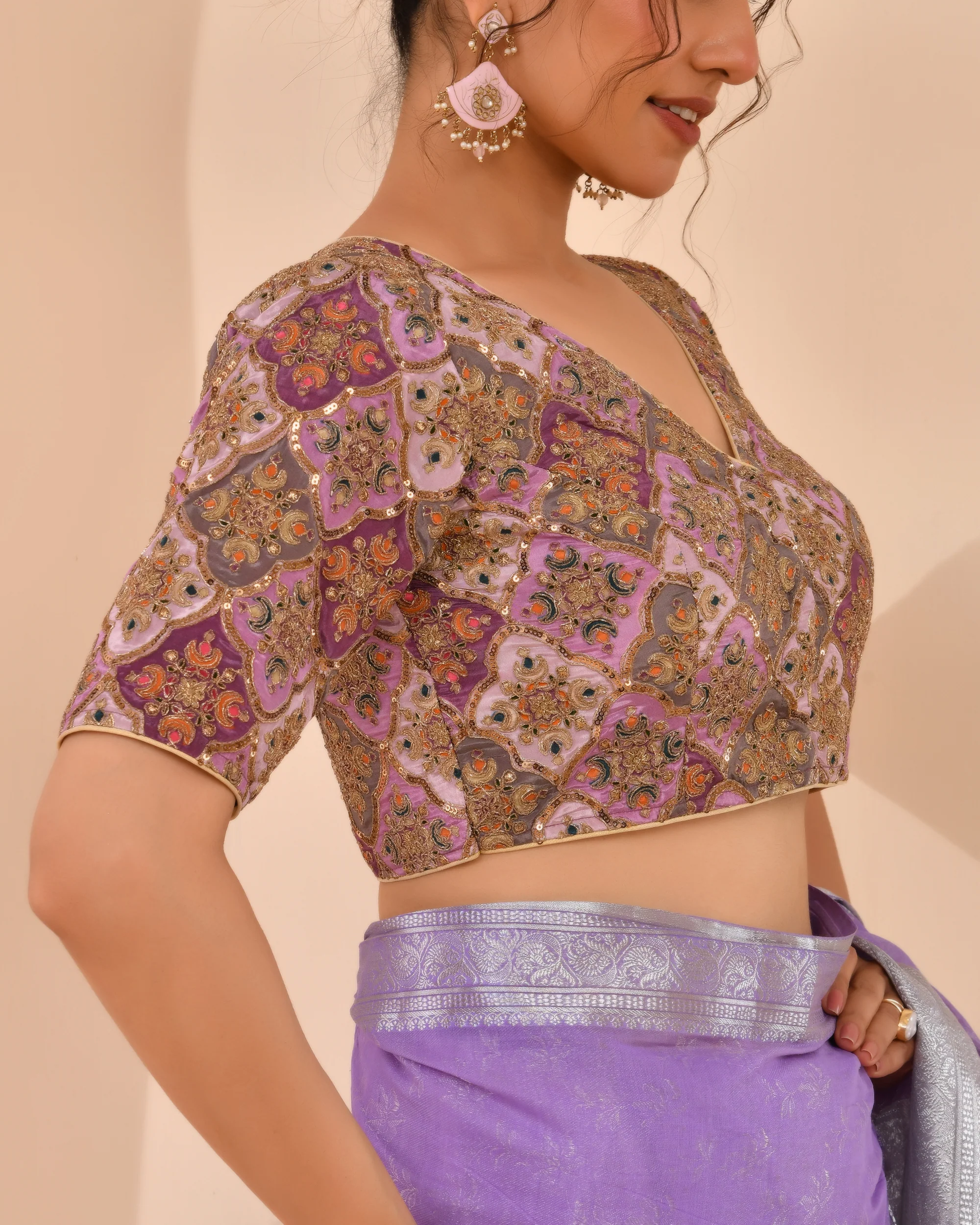 Amodini Designer Studio Women's Lavender Geometric Pattern Embroidered Blouse - Image 4