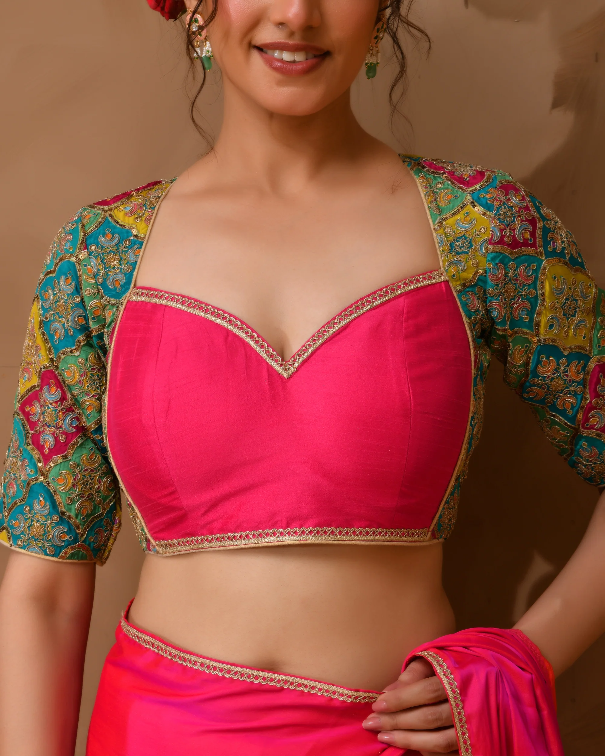 Amodini Designer Studio Women's Madhubala Style Pink Blouse With Sleeves - Image 3