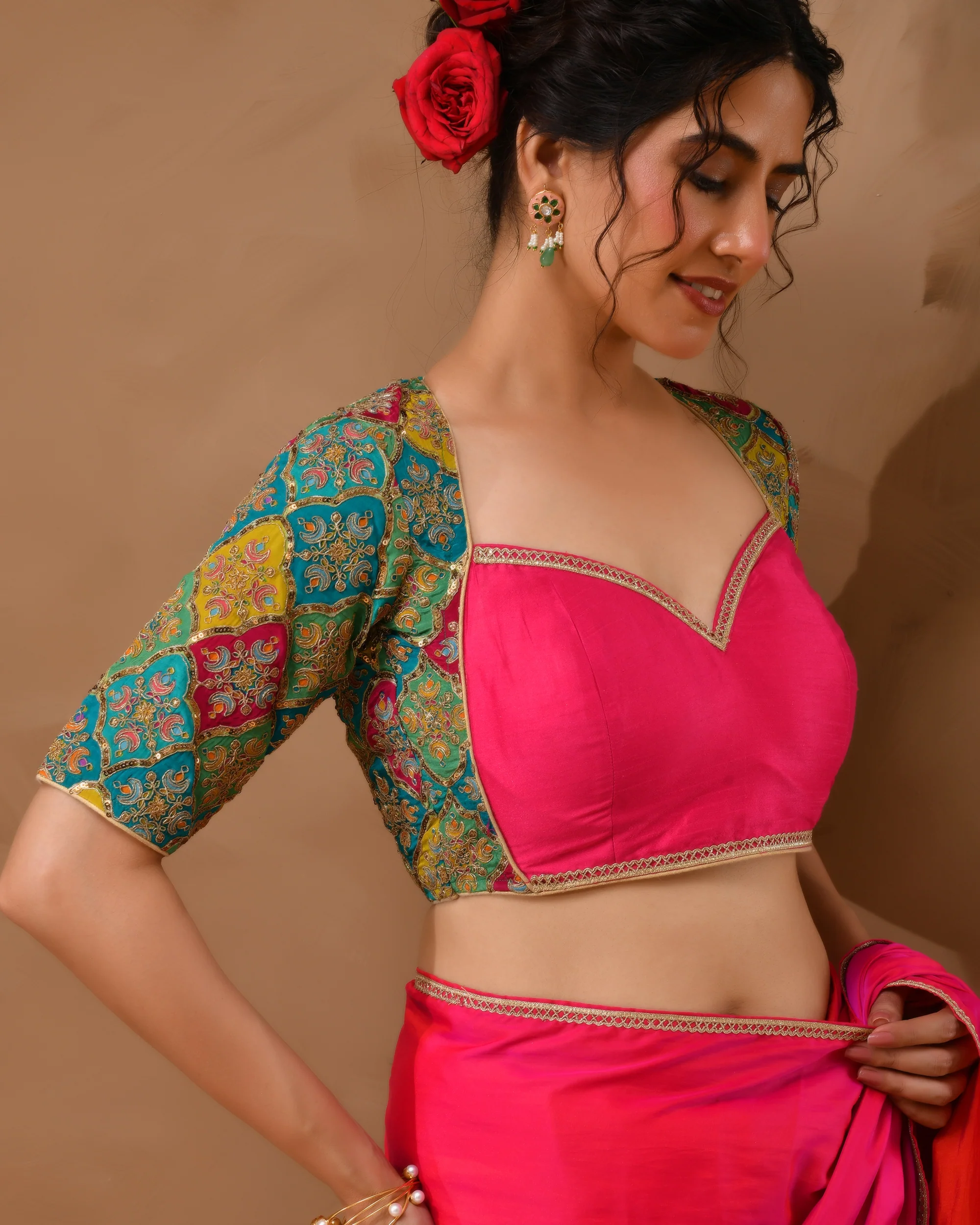 Amodini Designer Studio Women's Madhubala Style Pink Blouse With Sleeves - Image 4