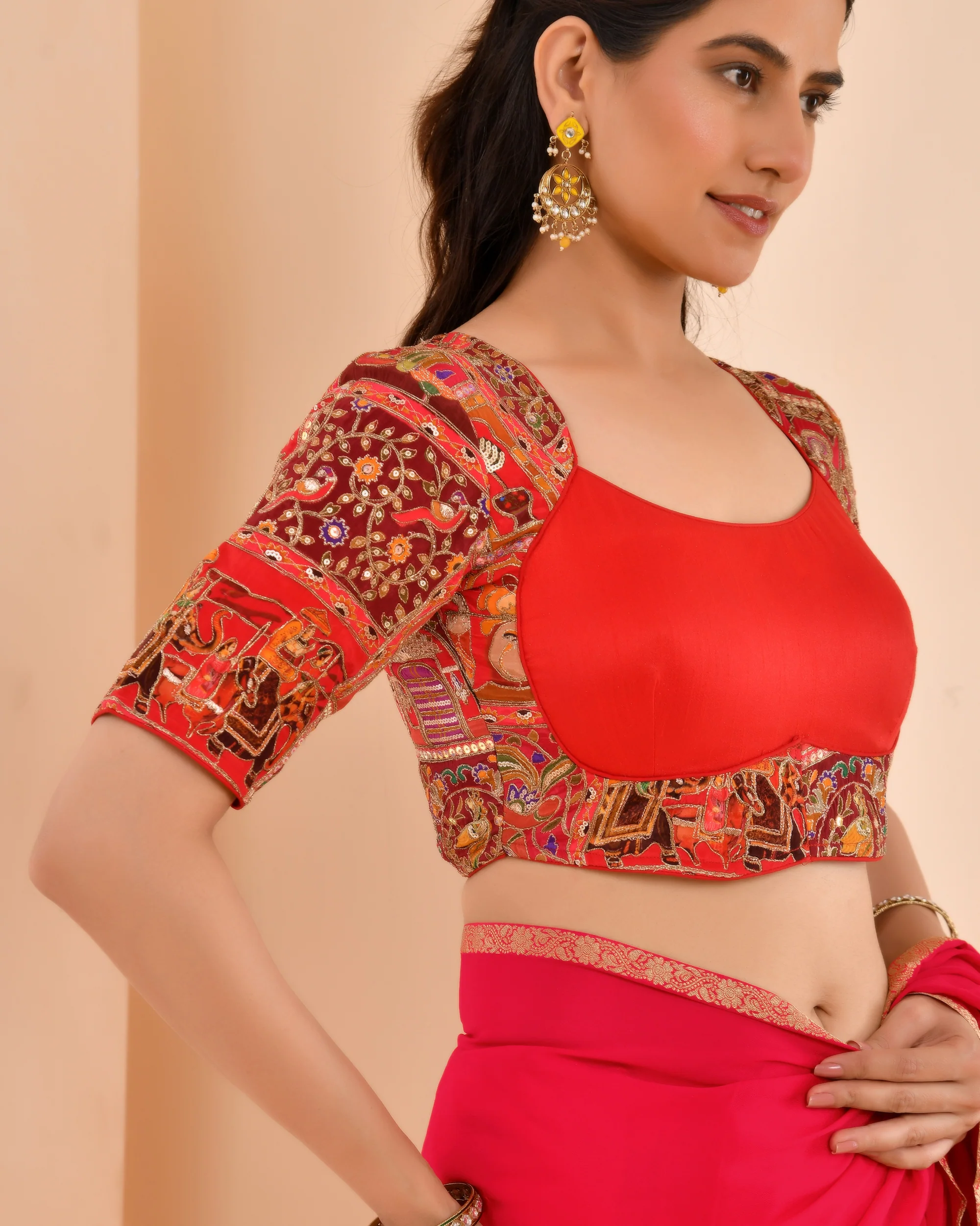 Amodini Designer Studio Women's Madhubala Style Red Blouse With Sleeves - Image 4