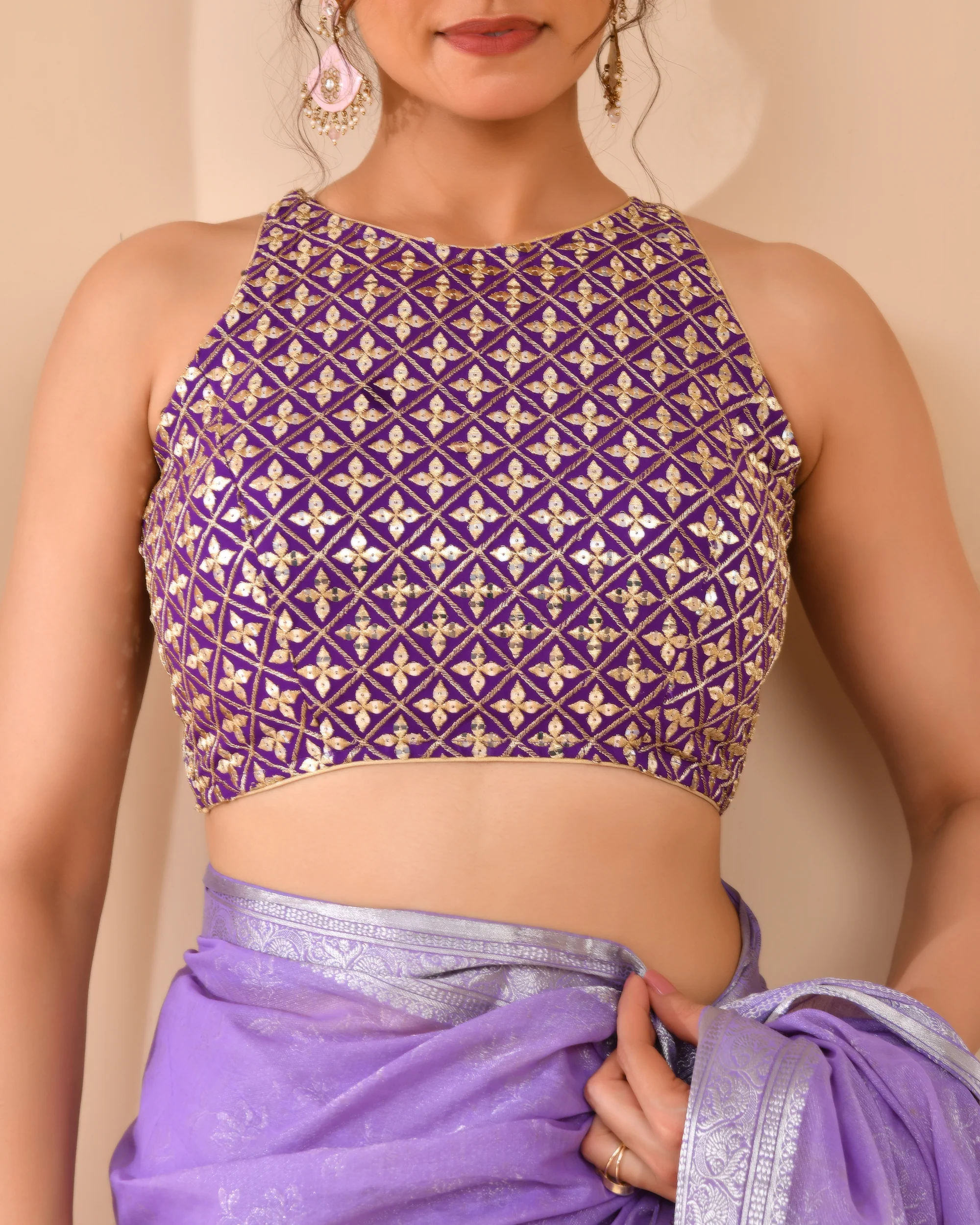 Amodini Designer Studio Women's Mirror Work High Neck Purple Blouse - Image 3