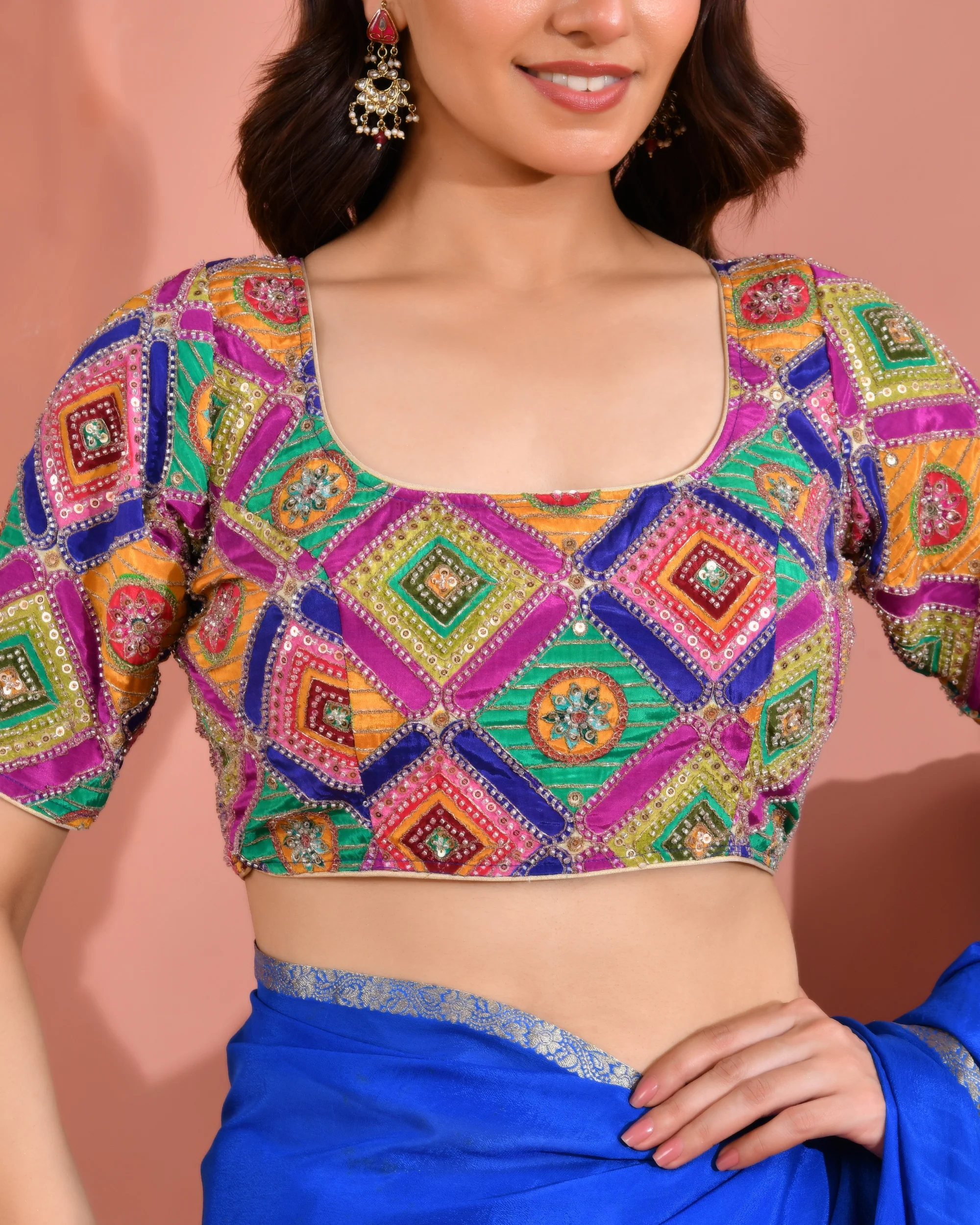 Amodini Designer Studio Women's Multicolor Geometric Pattern Cut Dana Embroidered Blouse - Image 3