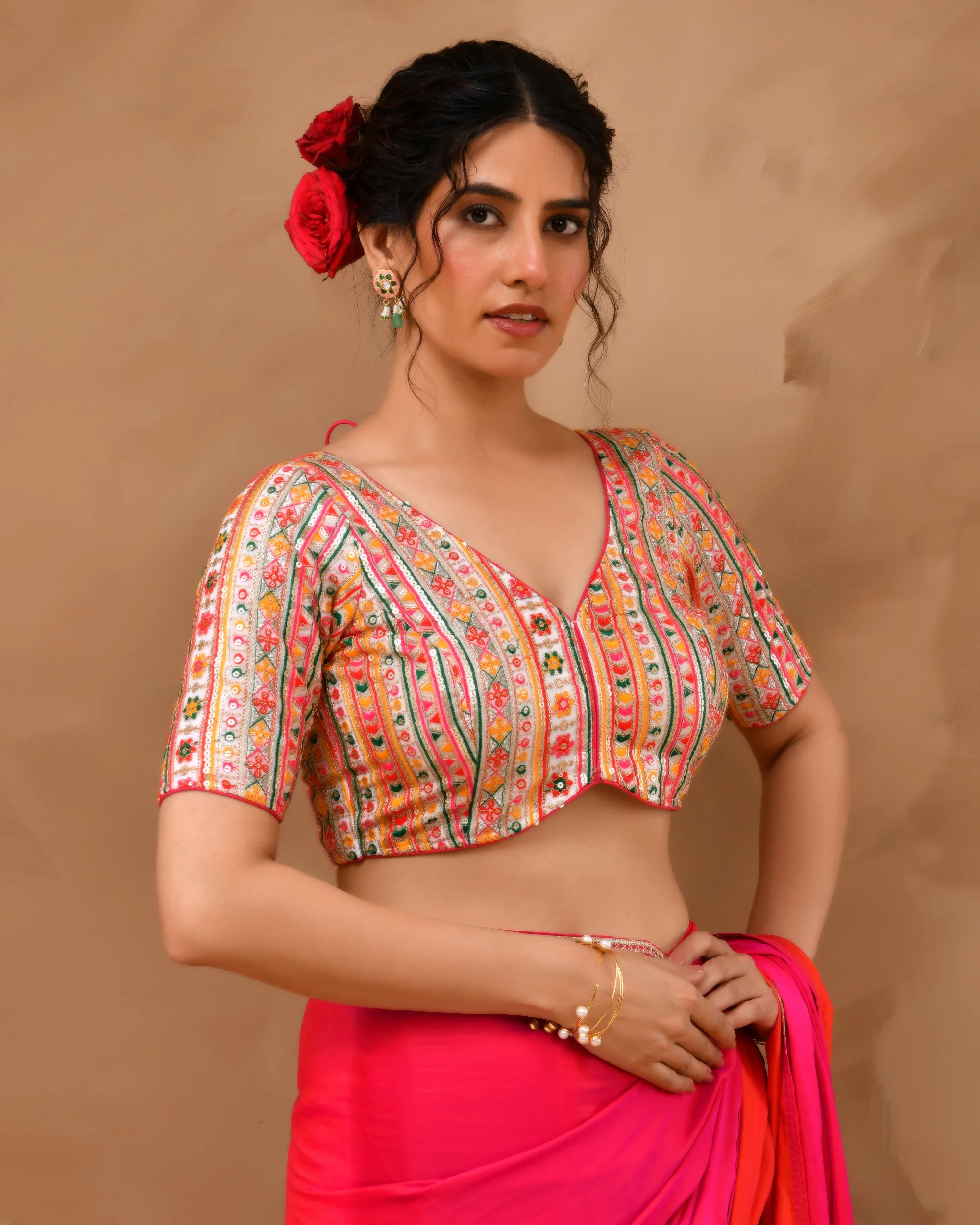 Amodini Designer Studio Women's Multicolored Embroidered Blouse with sleeves - Image 3