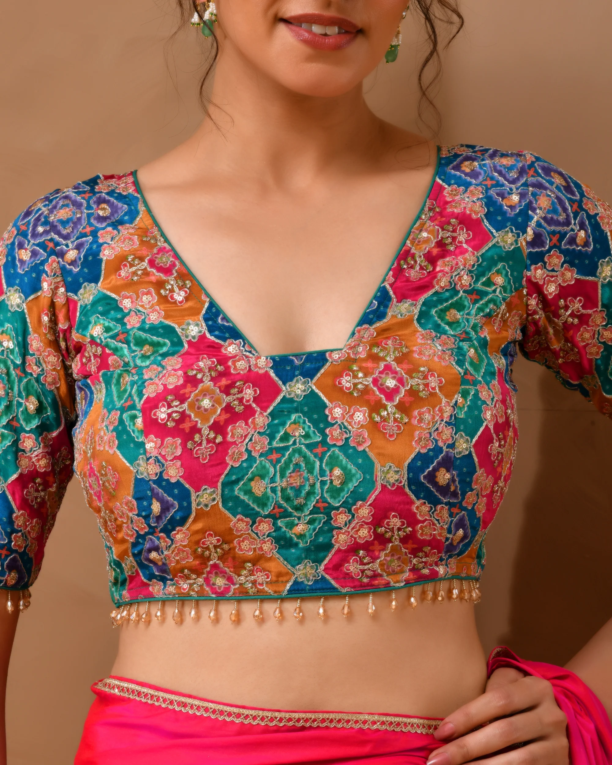 Amodini Designer Studio Women's Multicolored Zari Embroidered Glass Neck Blouse With Sleeves - Image 3