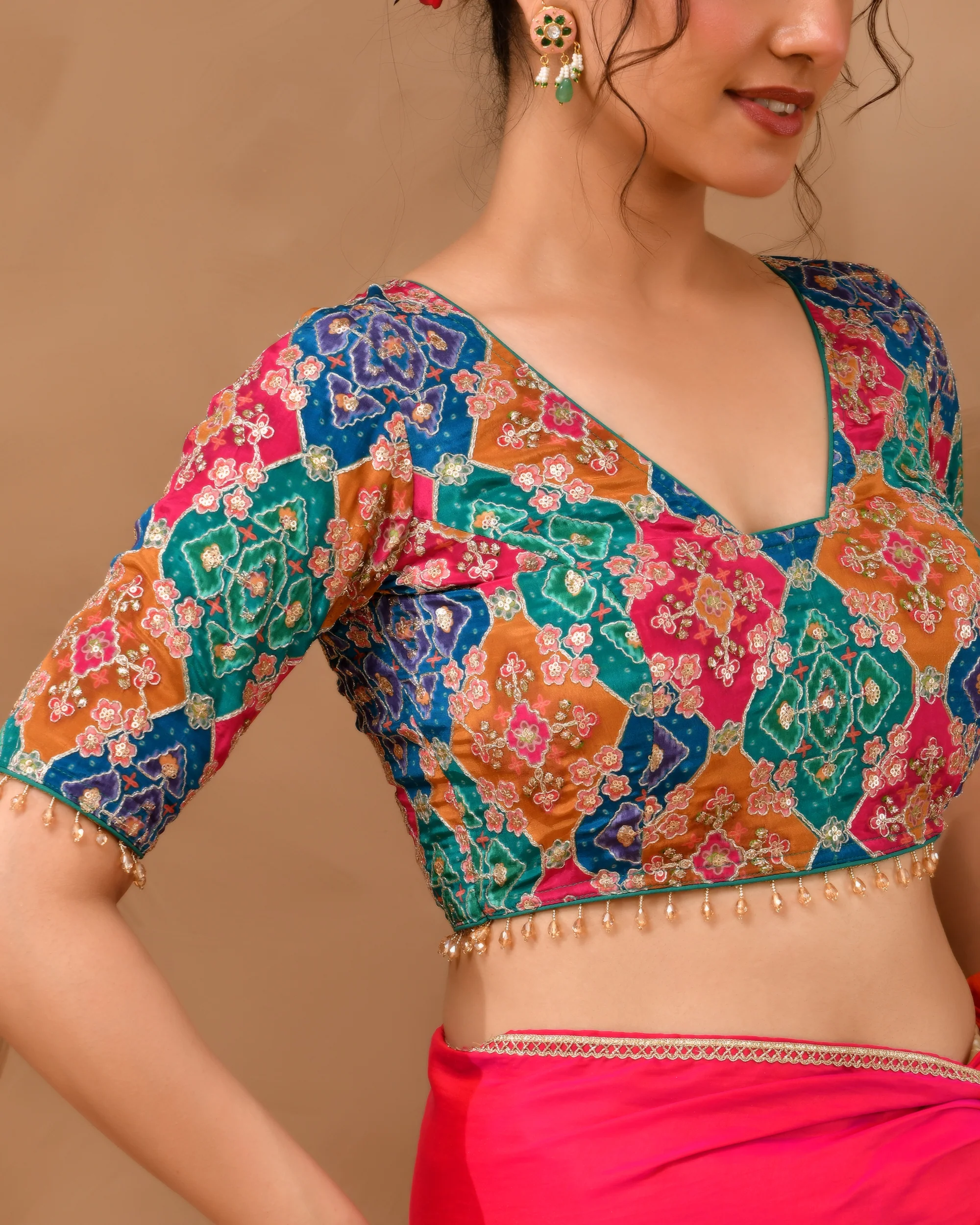 Amodini Designer Studio Women's Multicolored Zari Embroidered Glass Neck Blouse With Sleeves - Image 4