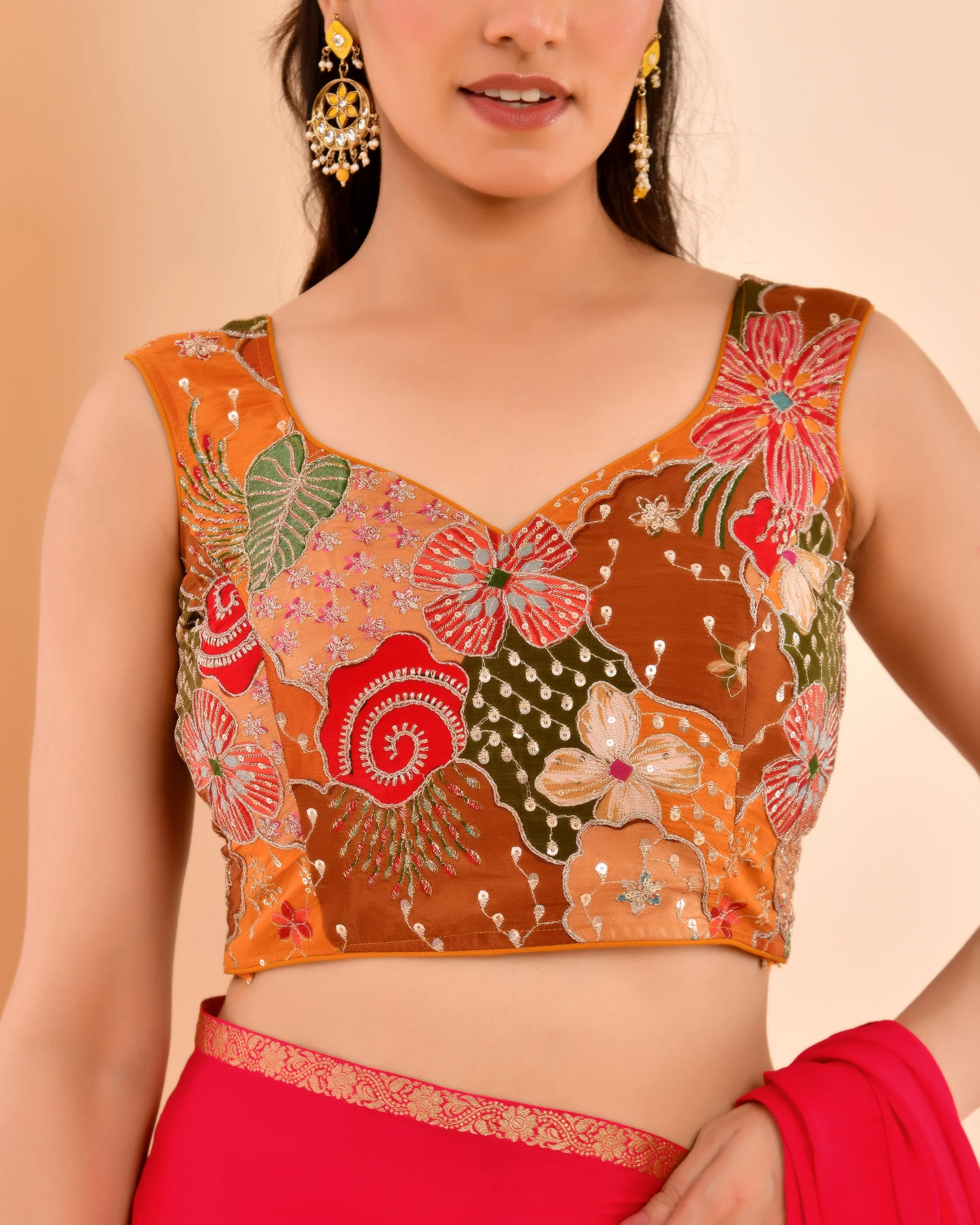 Amodini Designer Studio Women's Mustard Floral Position Print Sweetheart Neck Blouse Sleeveless - Image 2