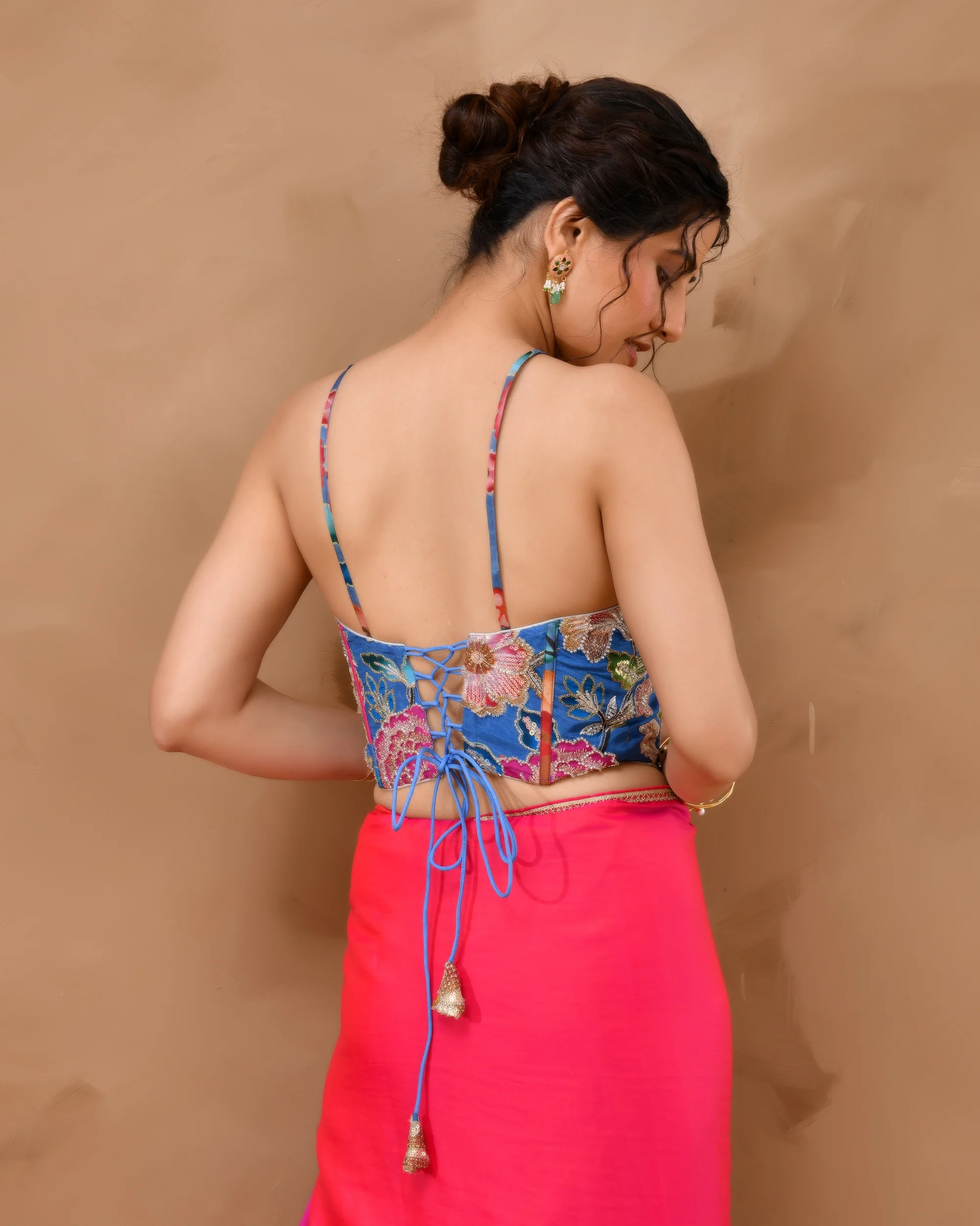 Amodini Designer Studio Women's Organza Floral Handwork Corset Style Blue Blouse - Image 2