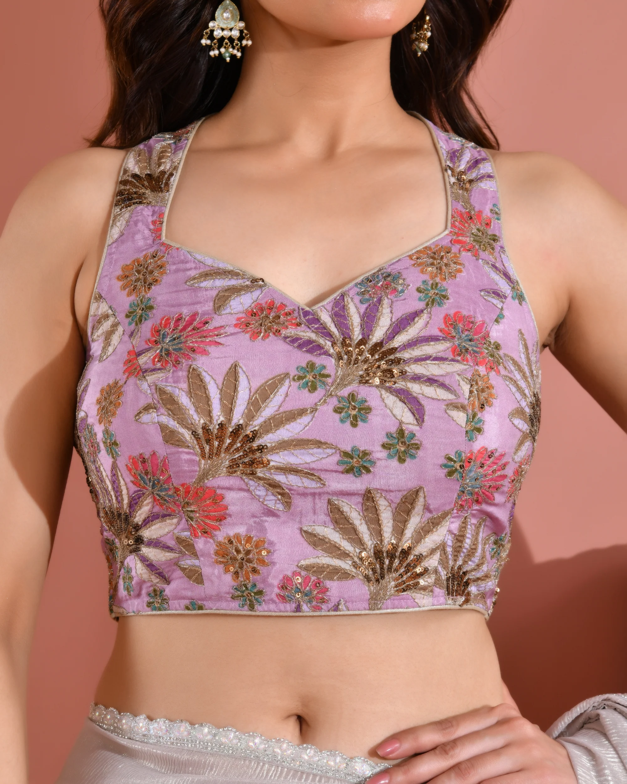 Amodini Designer Studio Women's Position Print Sequined Embellished Halter Neck Lavender Blouse - Image 2