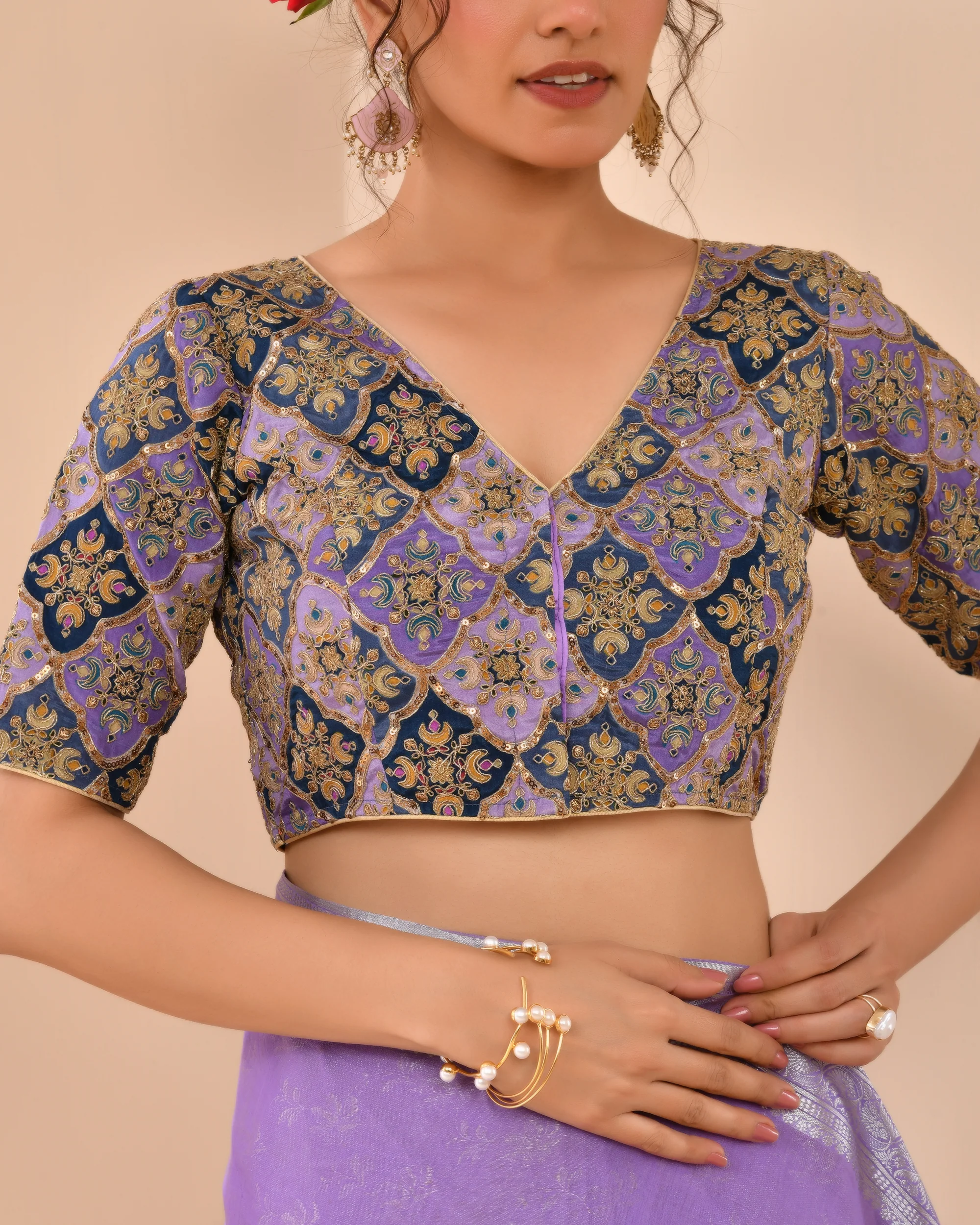 Amodini Designer Studio Women's Purple Geometric Pattern Embroidered Blouse - Image 3