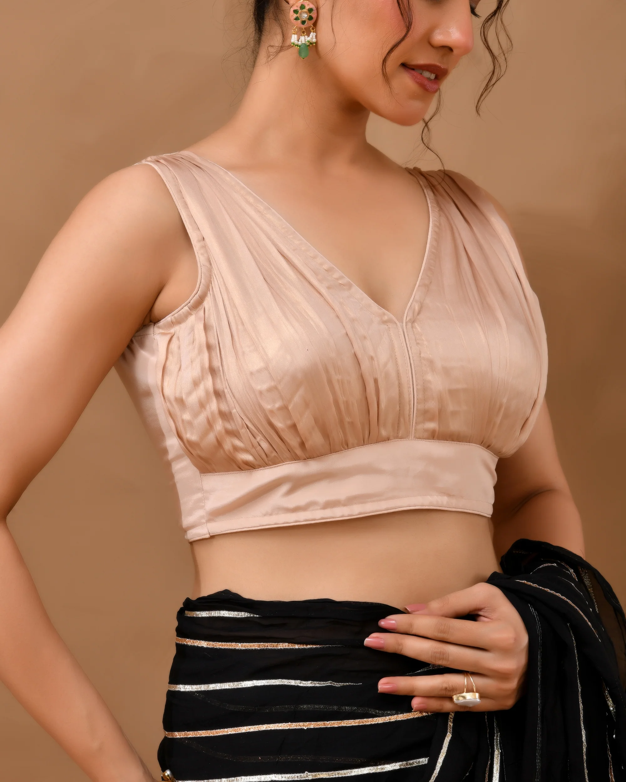 Amodini Designer Studio Women's Rose Gold V neck Wrinkled sleeveless blouse - Image 2