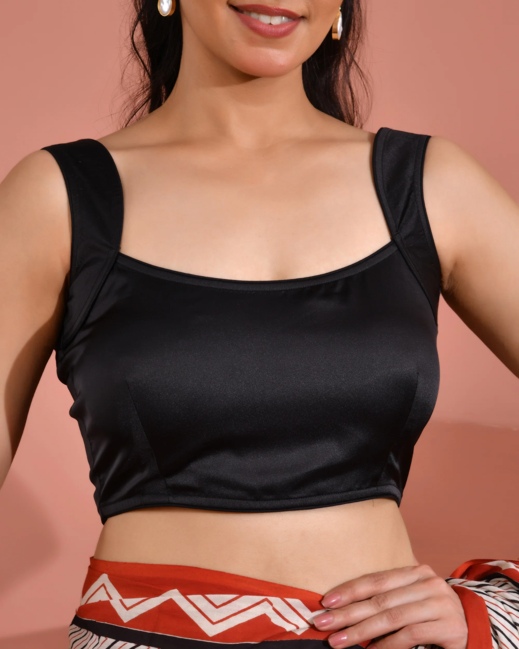 Amodini Designer Studio Women's Round Neck Satin Black Solid Blouse - Image 3