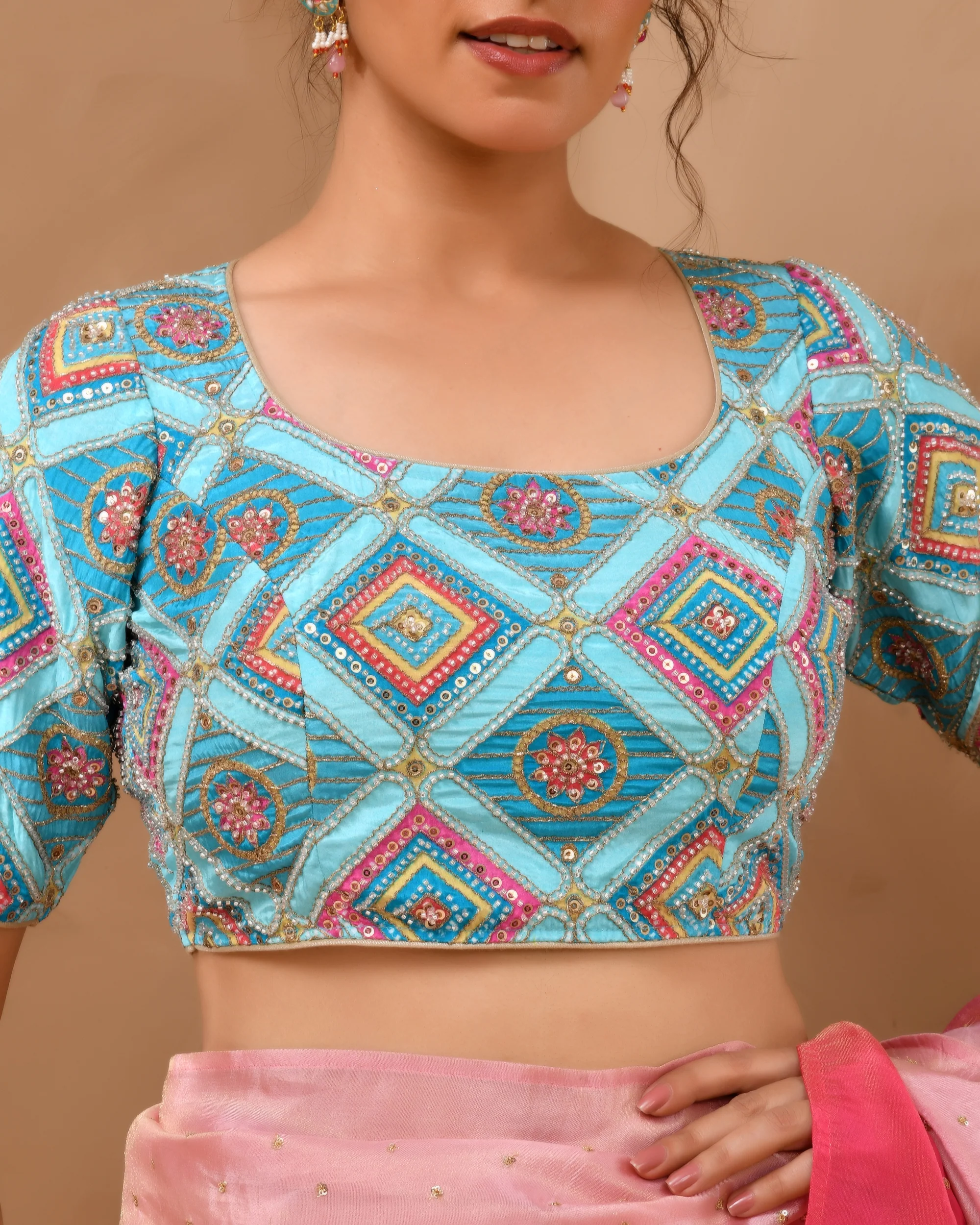 Amodini Designer Studio Women's Sky Blue Geometric Pattern Cut Dana Embroidered Blouse - Image 3