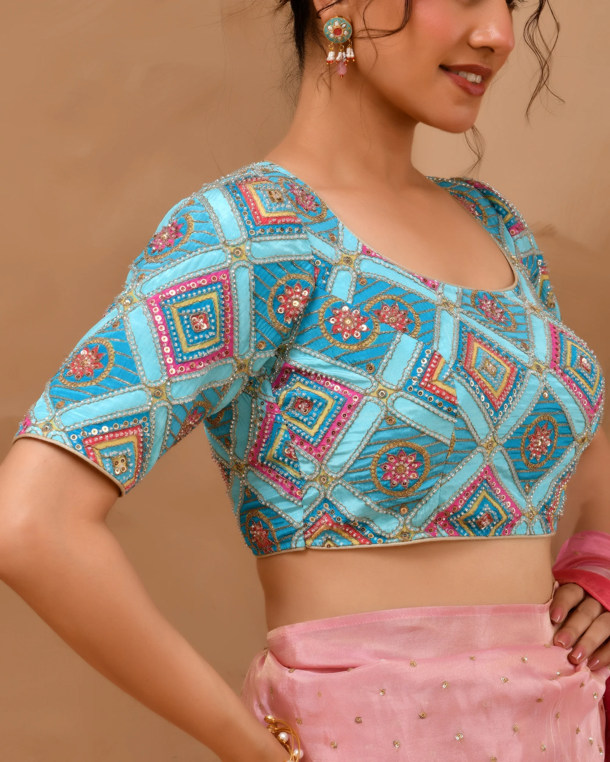 Amodini Designer Studio Women's Sky Blue Geometric Pattern Cut Dana Embroidered Blouse - Image 4