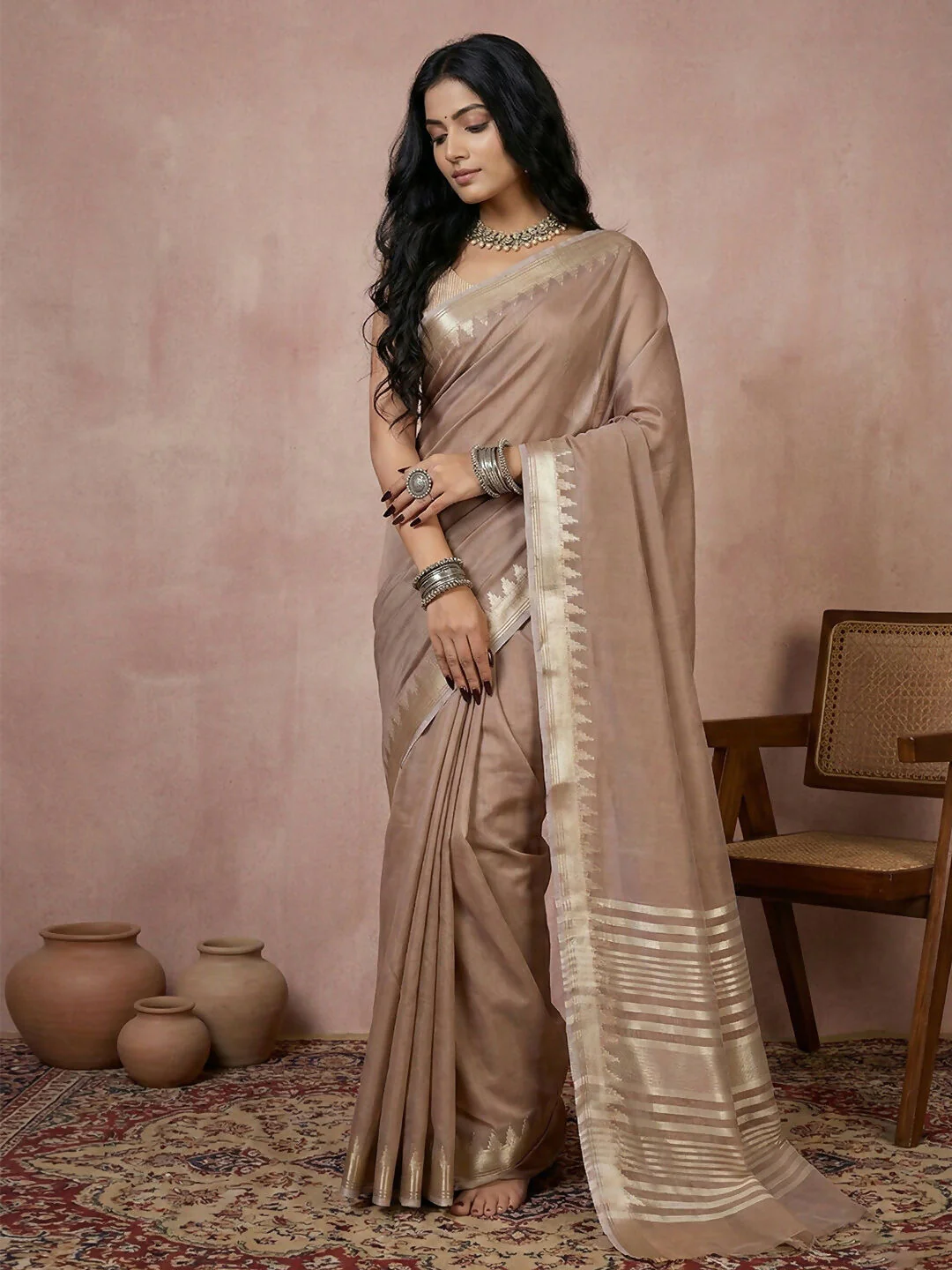 Astita Beige Cotton Saree