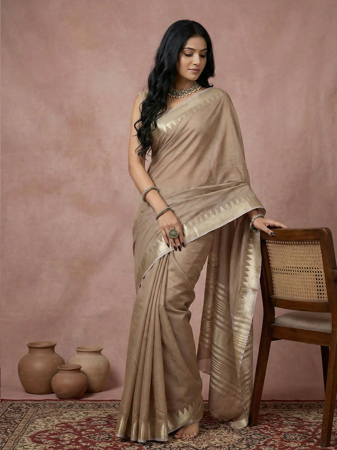Astita Beige Cotton Saree - Image 2