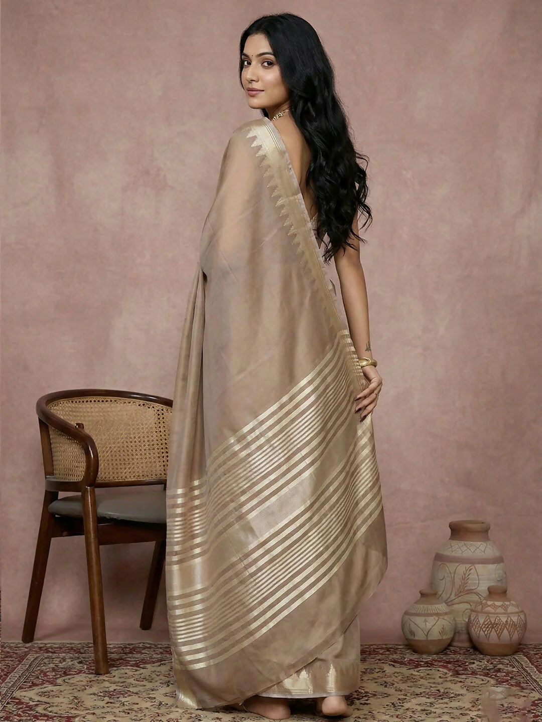 Astita Beige Cotton Saree - Image 3