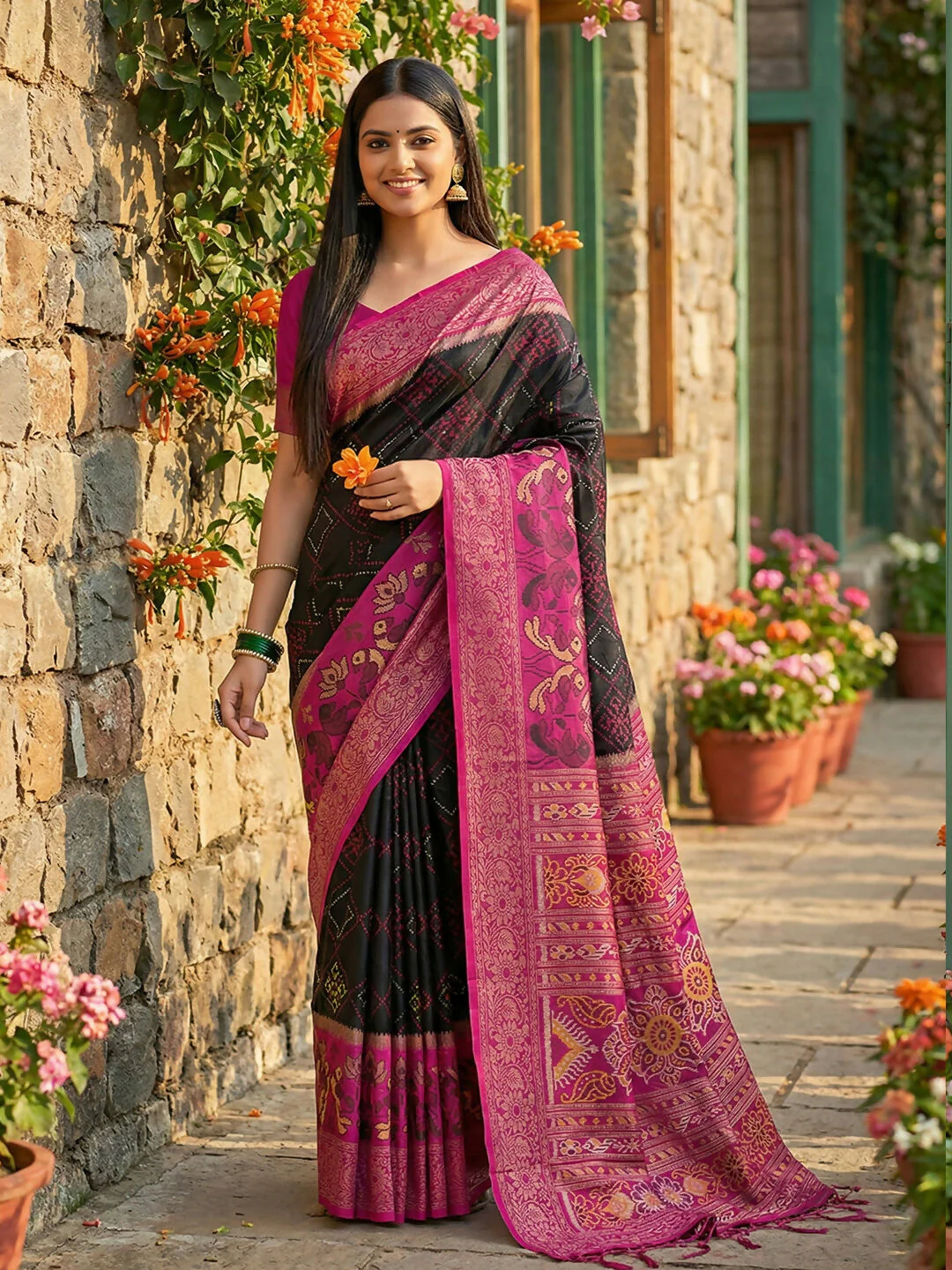 Astita Black Pochampally Silk Saree