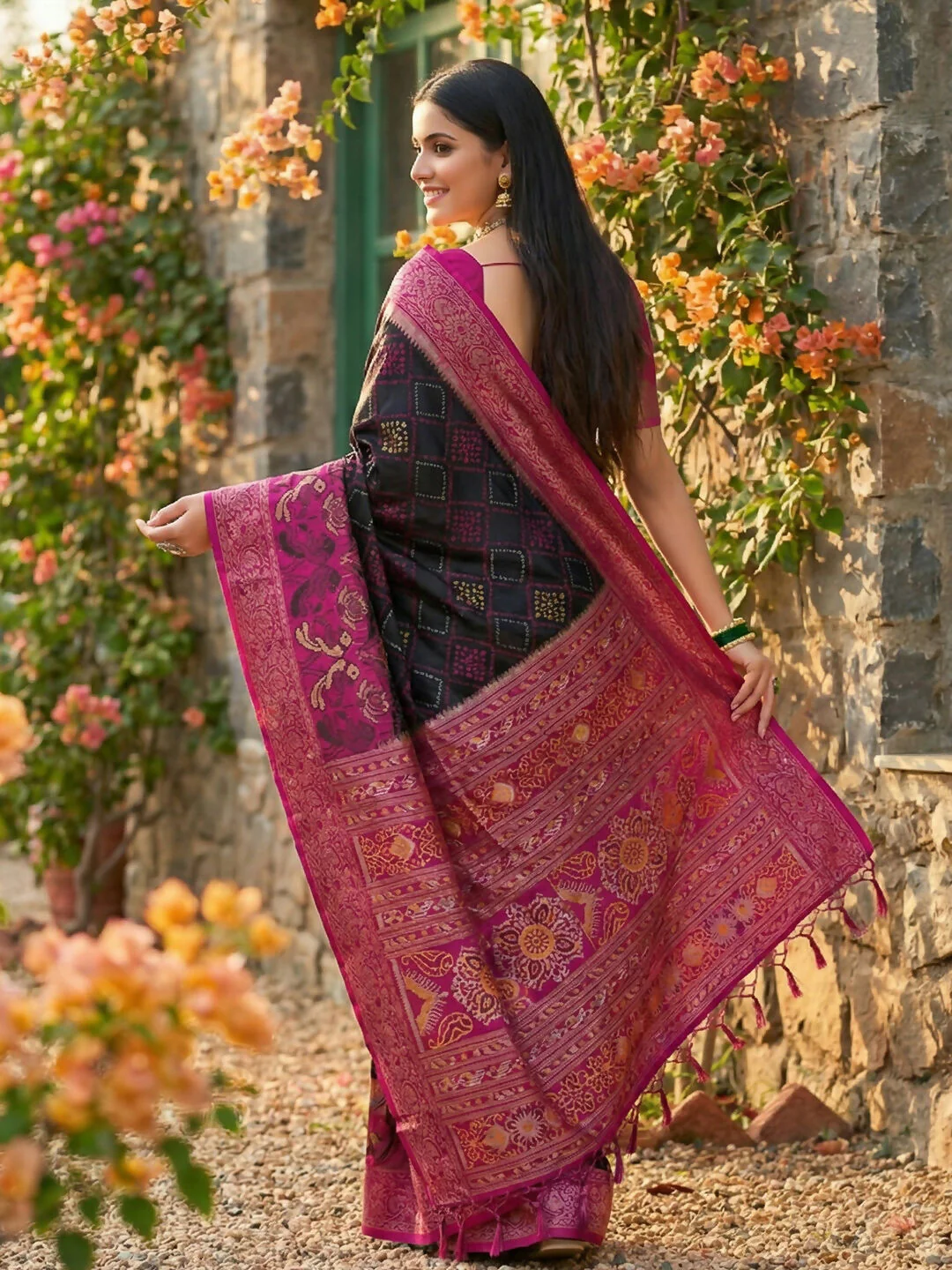 Astita Black Pochampally Silk Saree - Image 2