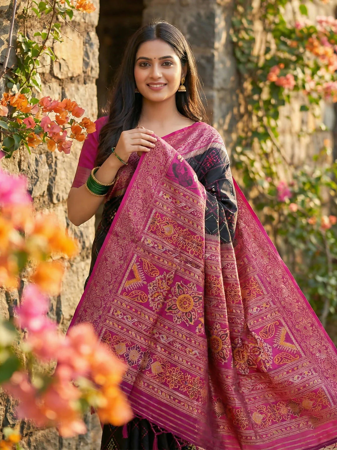 Astita Black Pochampally Silk Saree - Image 3