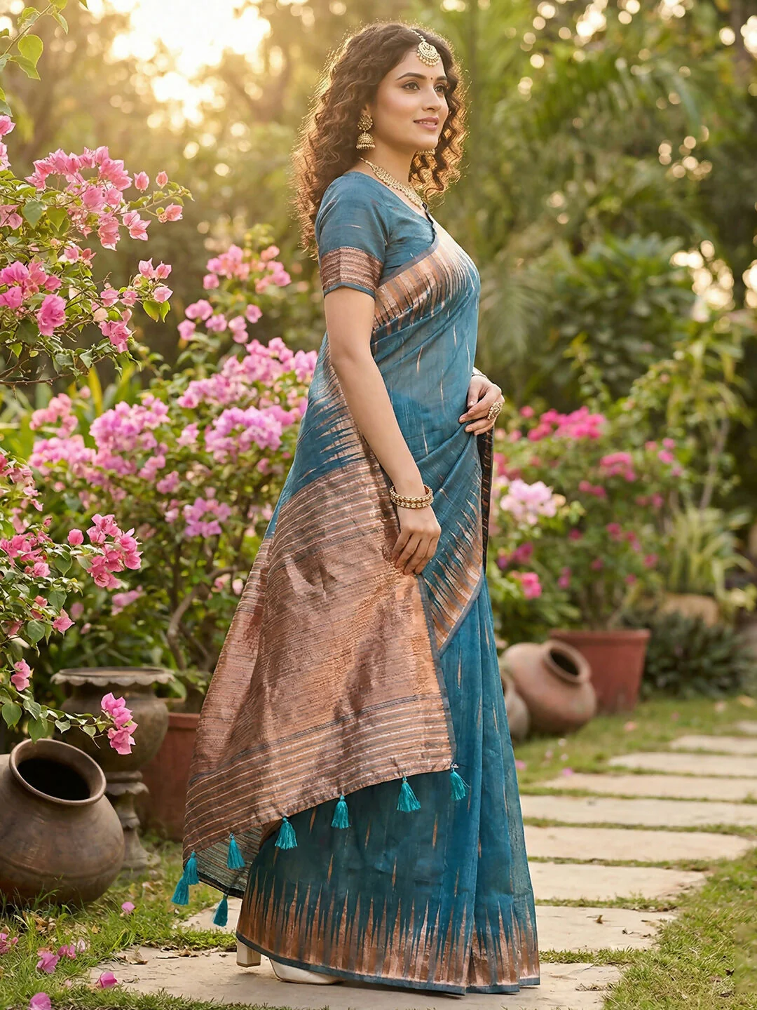 Astita Blue Linen Cotton Saree - Image 2