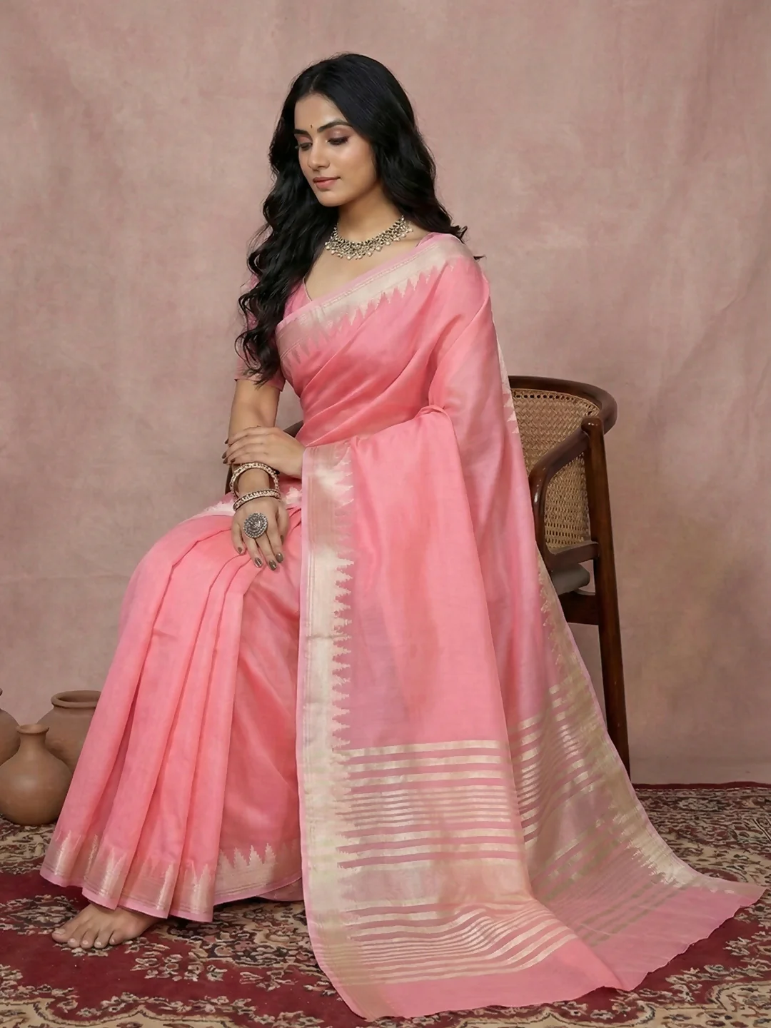 Astita Coral Pink Cotton Saree - Image 2