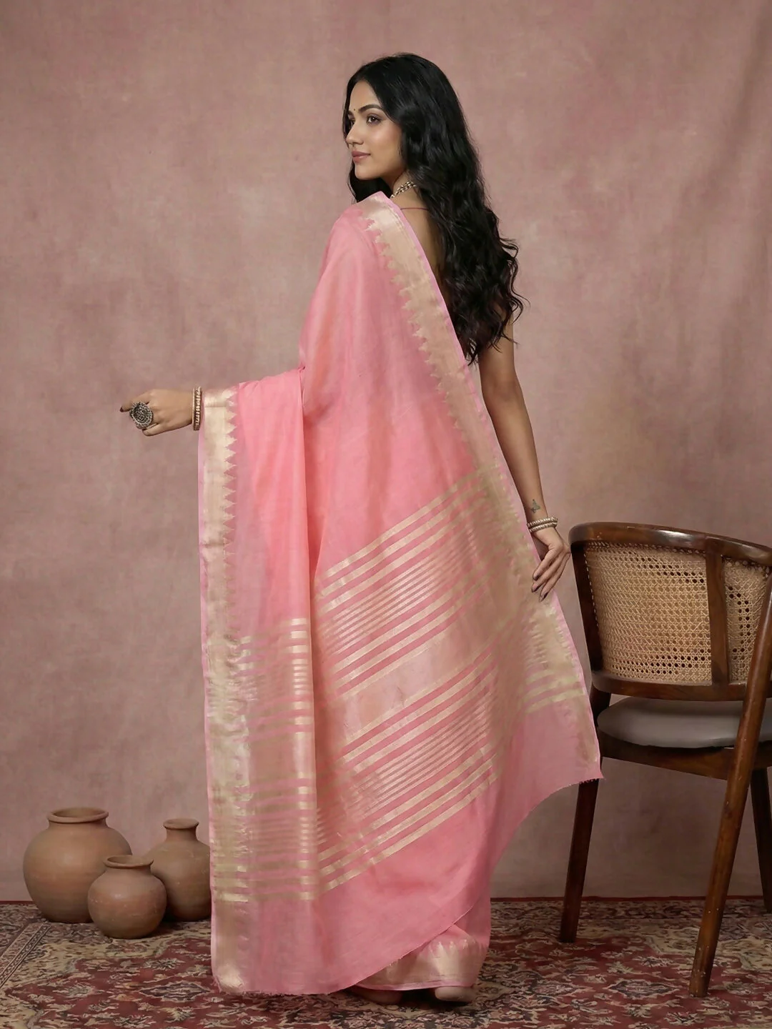 Astita Coral Pink Cotton Saree - Image 3