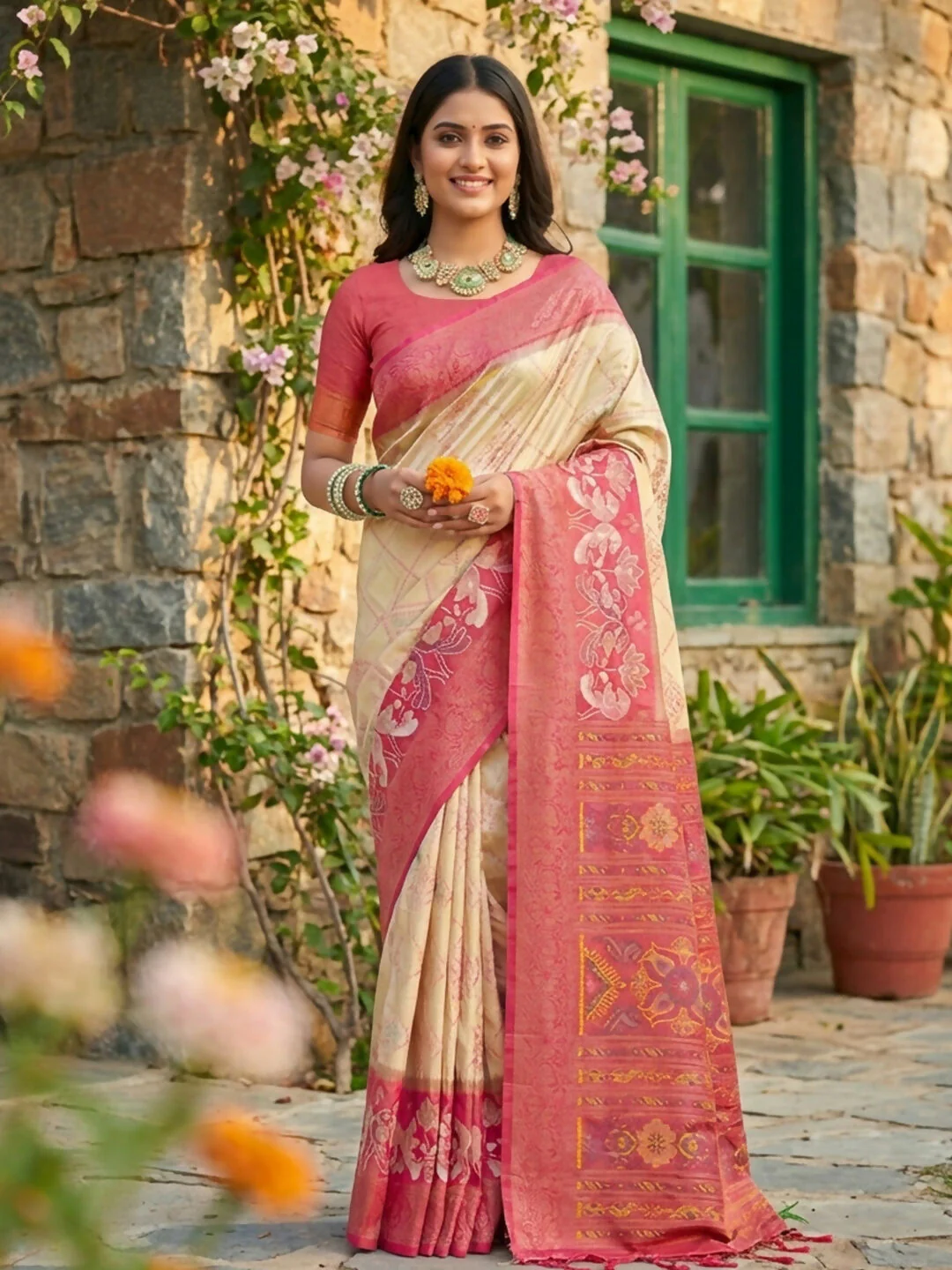 Astita Cream Pochampally Silk Saree