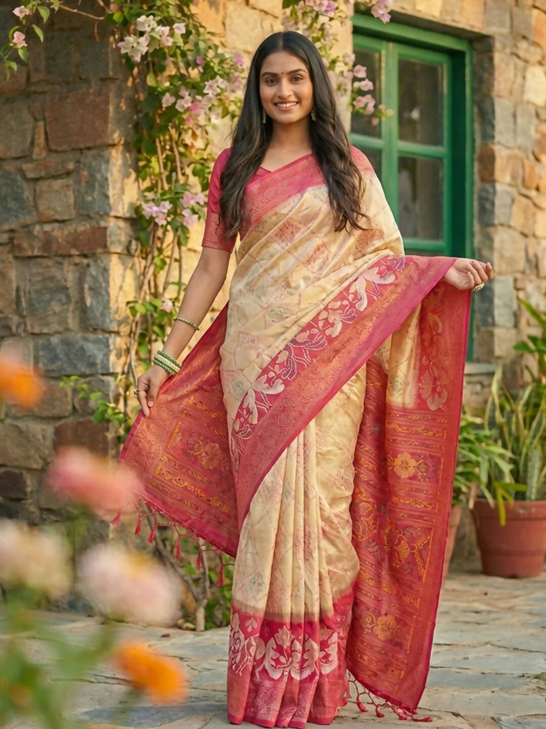 Astita Cream Pochampally Silk Saree - Image 2