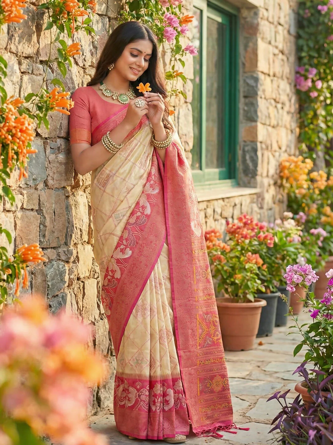 Astita Cream Pochampally Silk Saree - Image 3