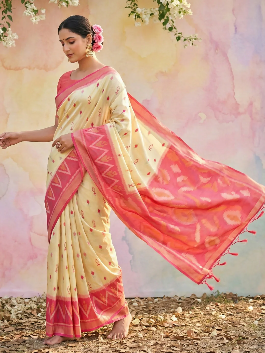 Astita Cream Soft Silk Saree - Image 2