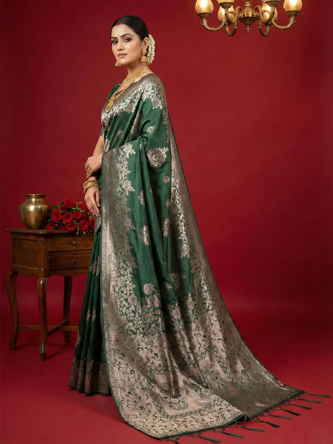 Astita Dark Green Silk Blend Saree - Image 2