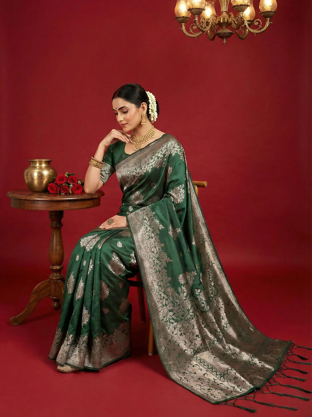 Astita Dark Green Silk Blend Saree - Image 3