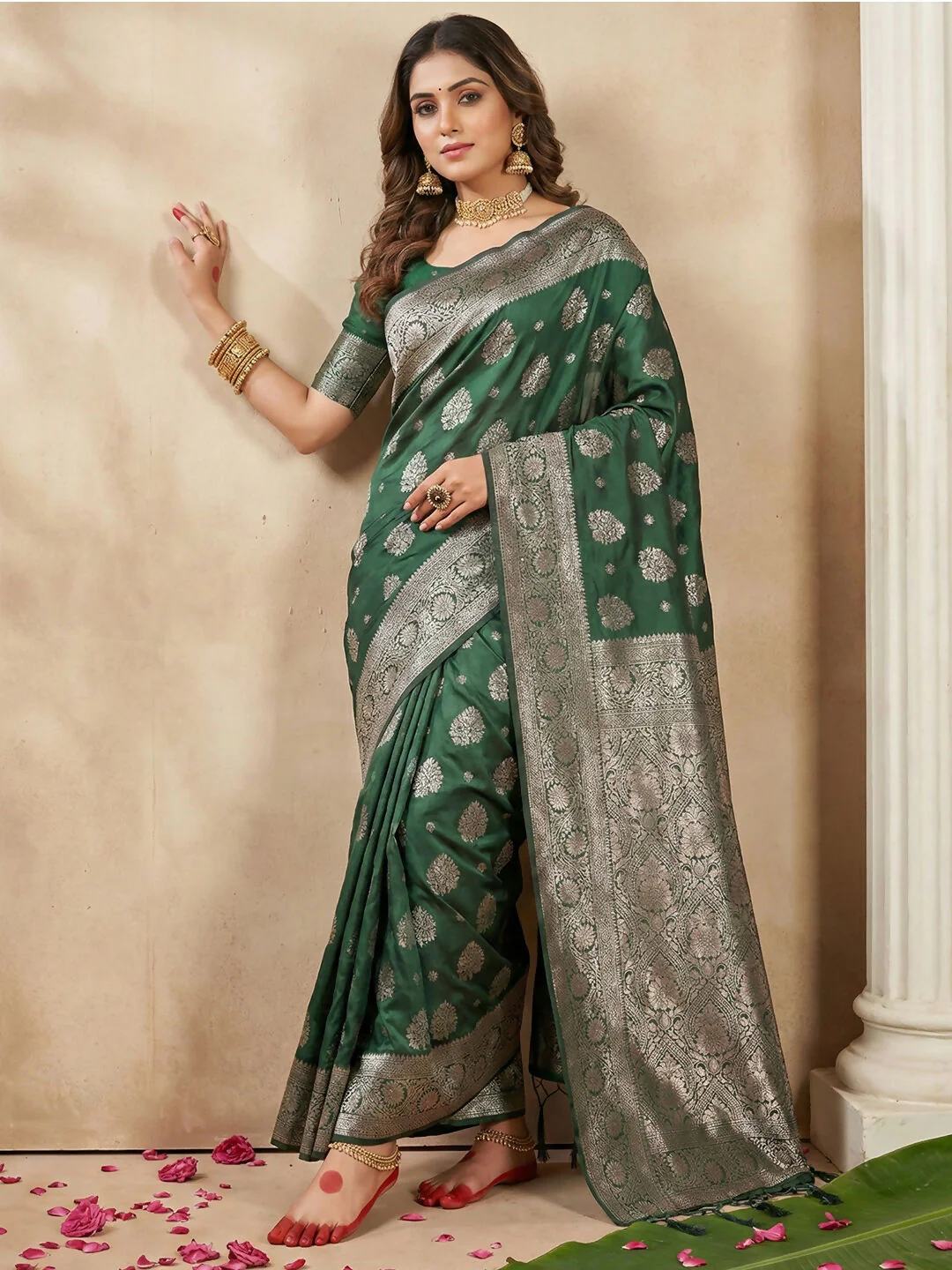 Astita Dark Green Silk Blend Saree