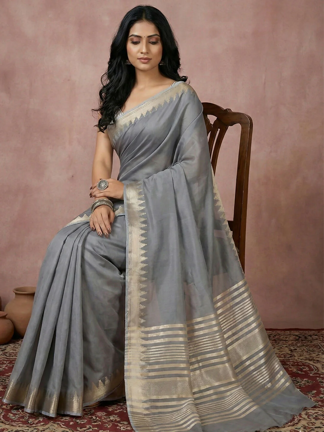 Astita Gray Cotton Saree - Image 2