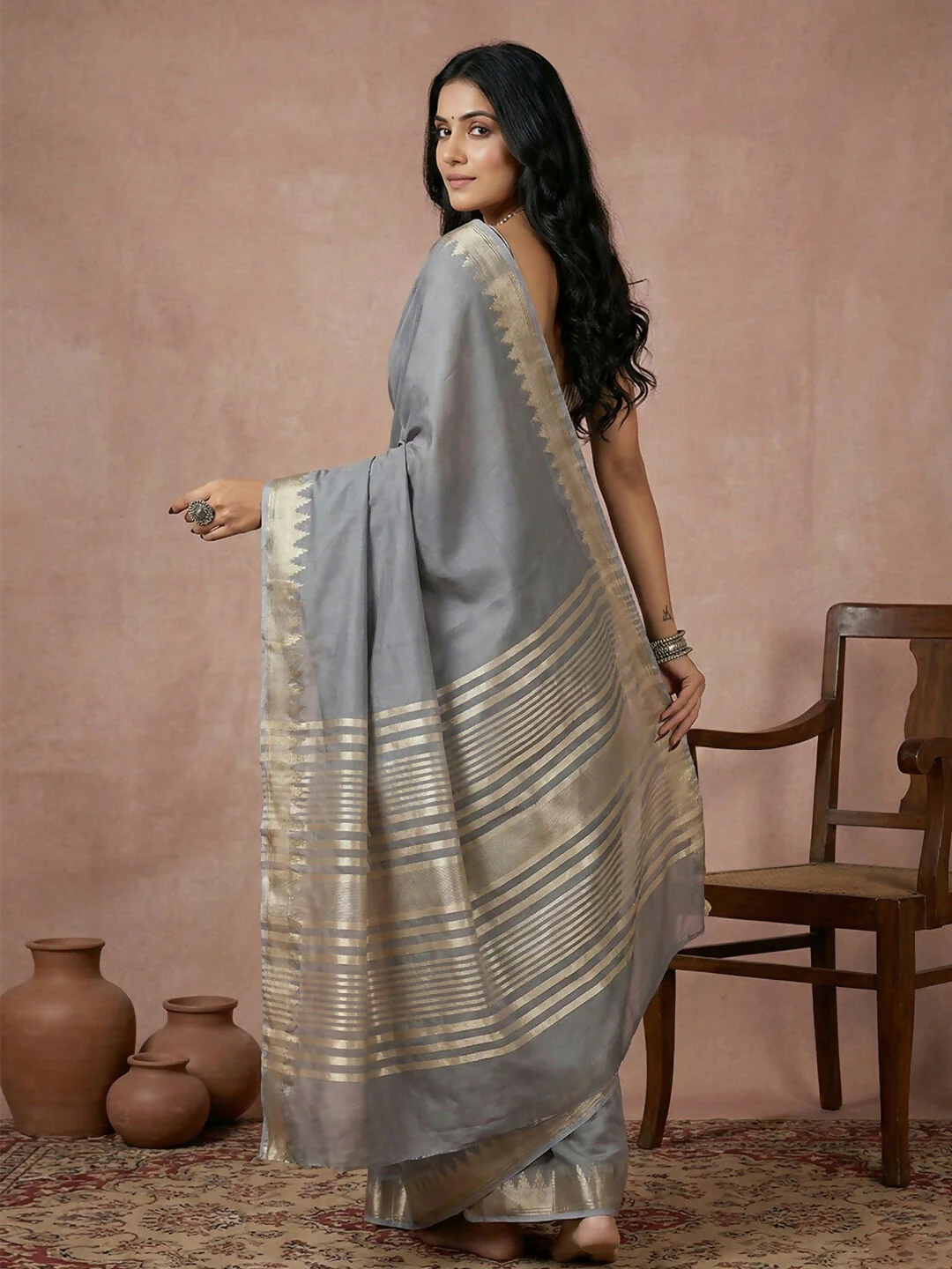 Astita Gray Cotton Saree - Image 3