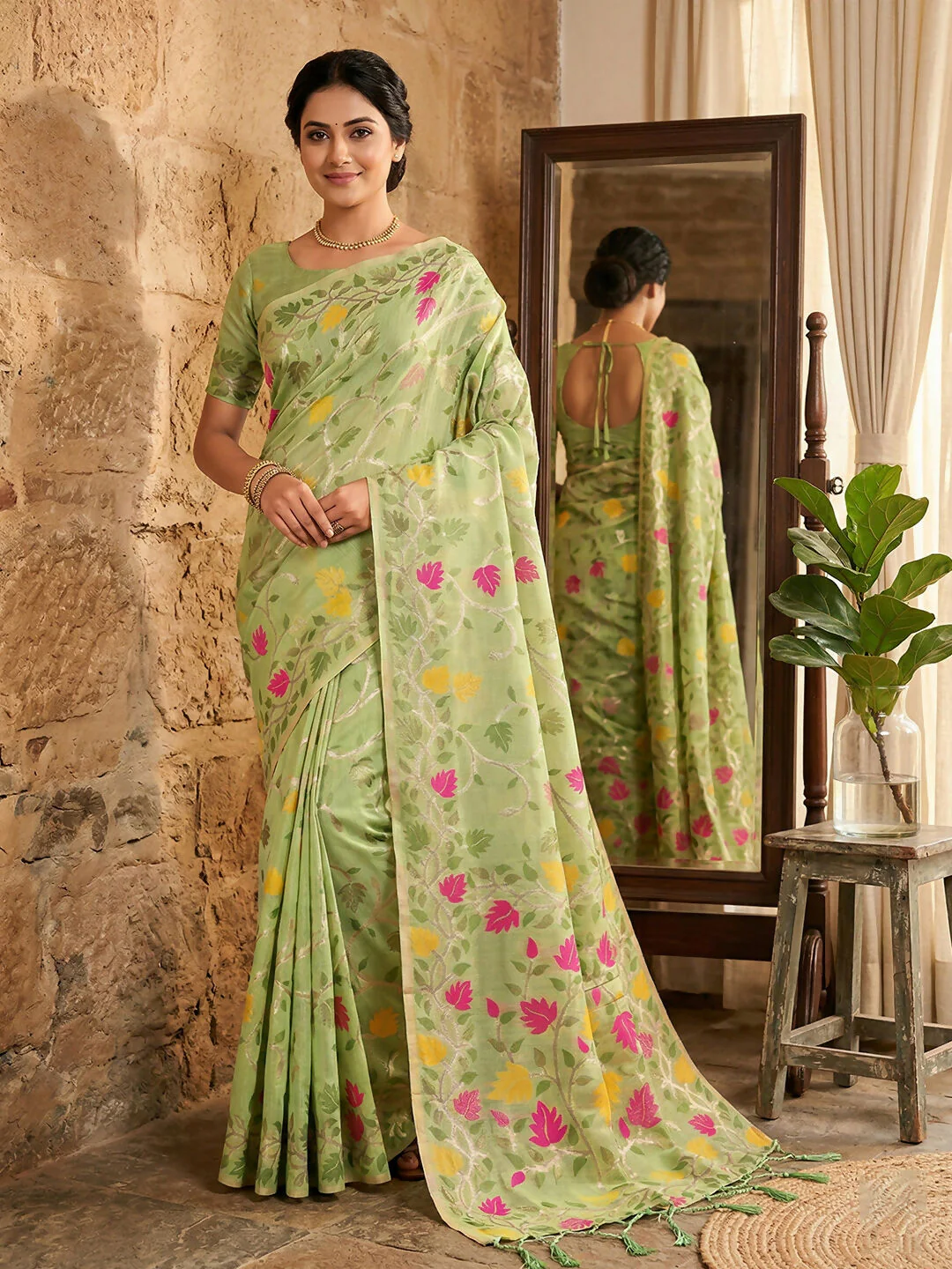 Astita Green Linen Cotton Saree
