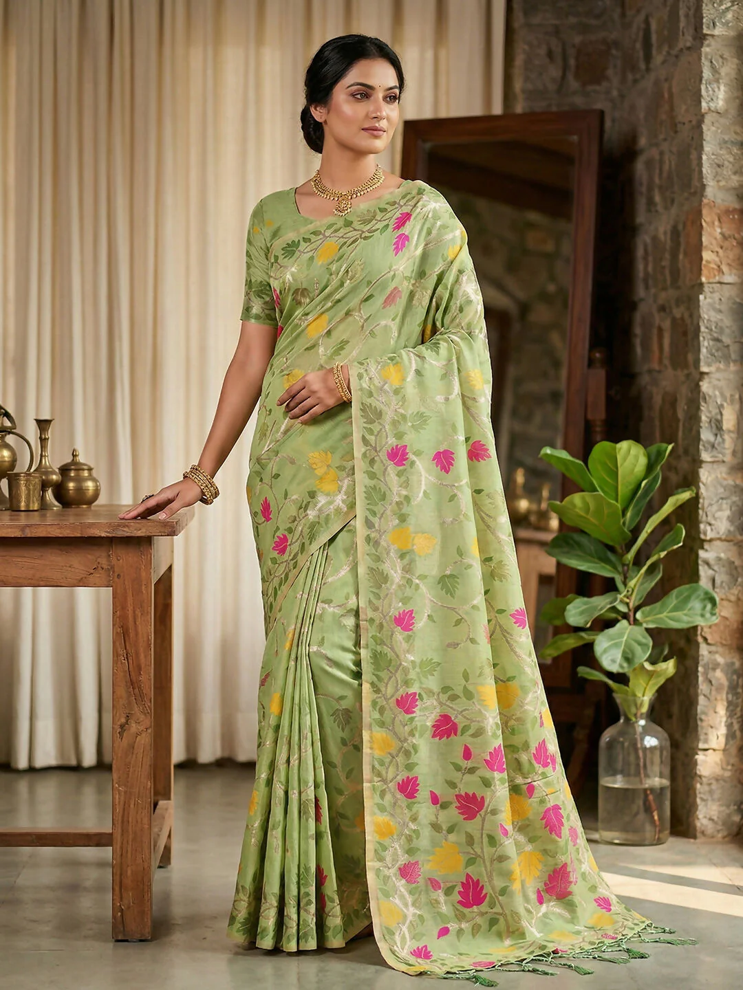 Astita Green Linen Cotton Saree - Image 2