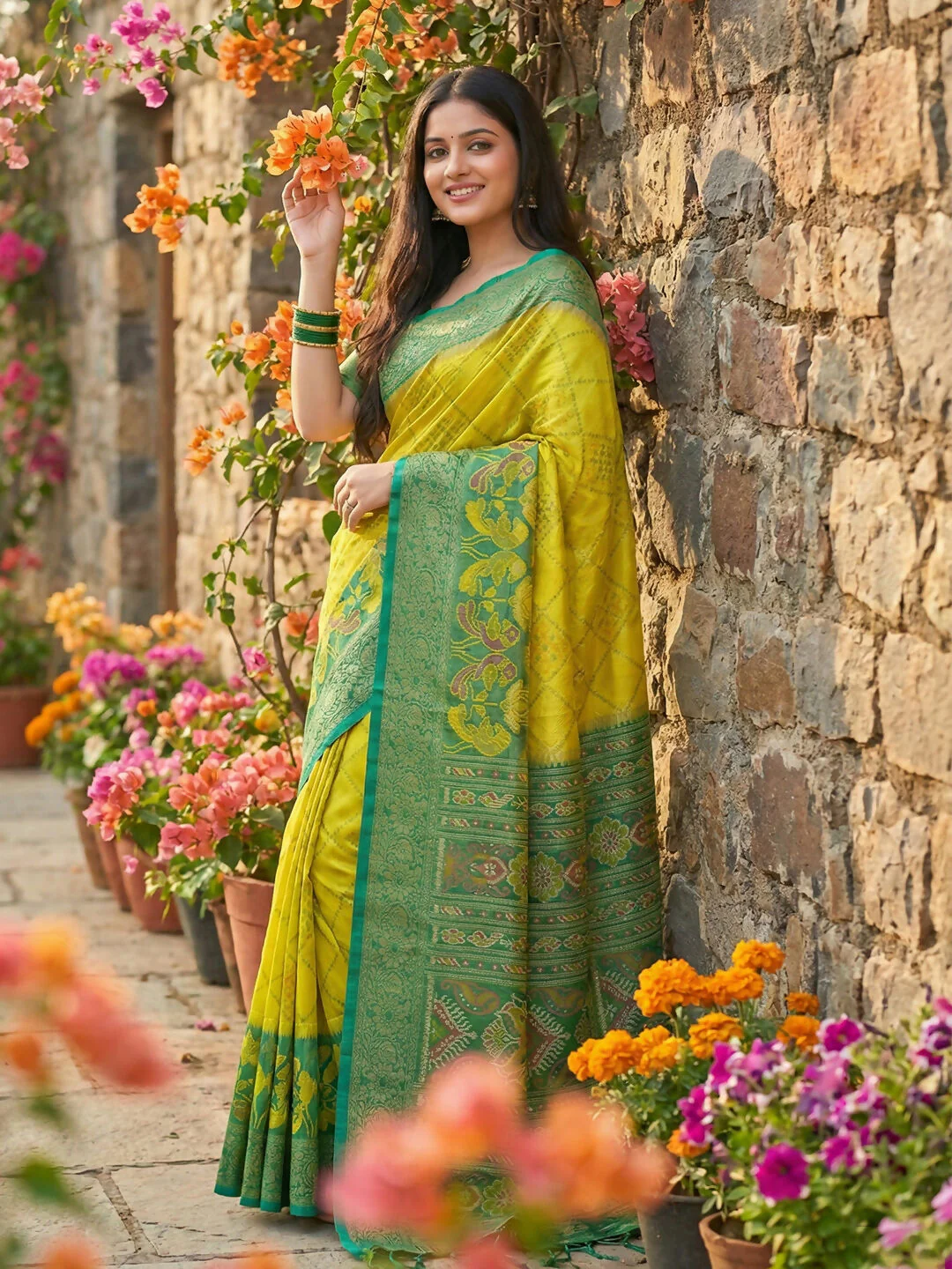 Astita Green Pochampally Silk Saree - Image 2
