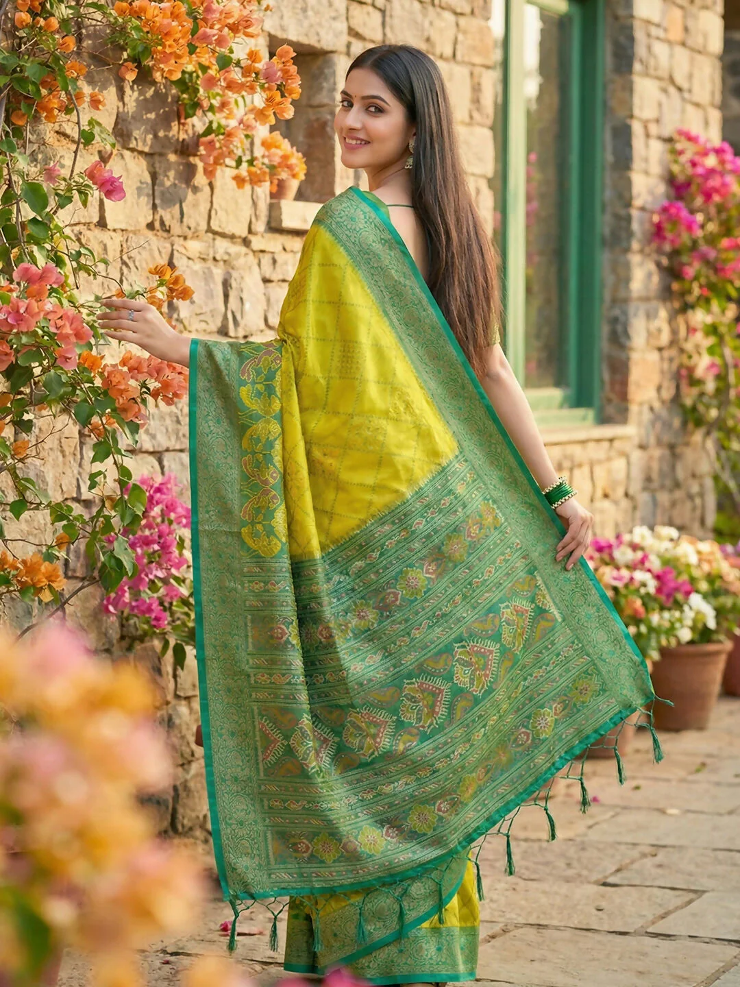 Astita Green Pochampally Silk Saree - Image 3
